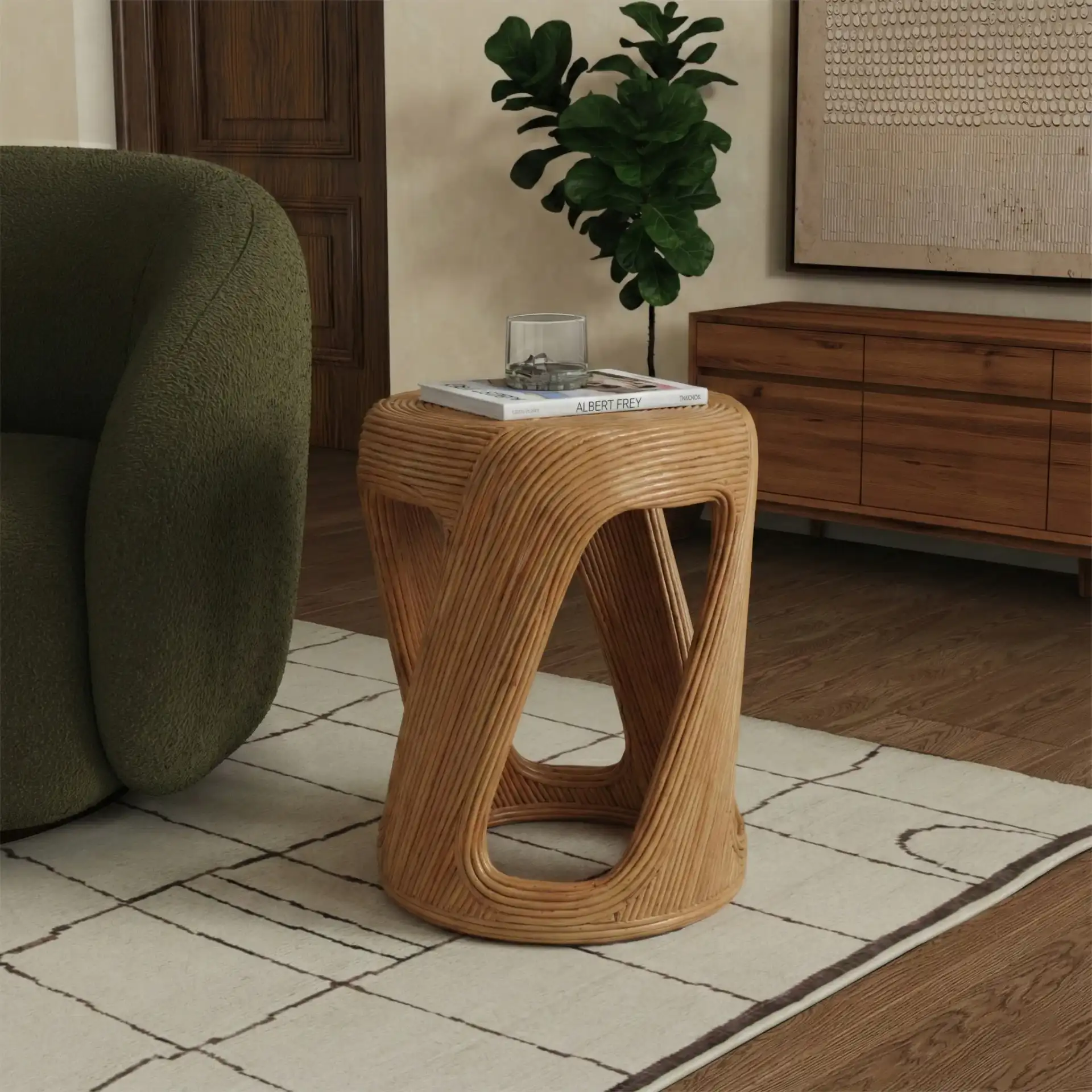 Tyleigh Round Rattan Accent Table in Natural in a styled room