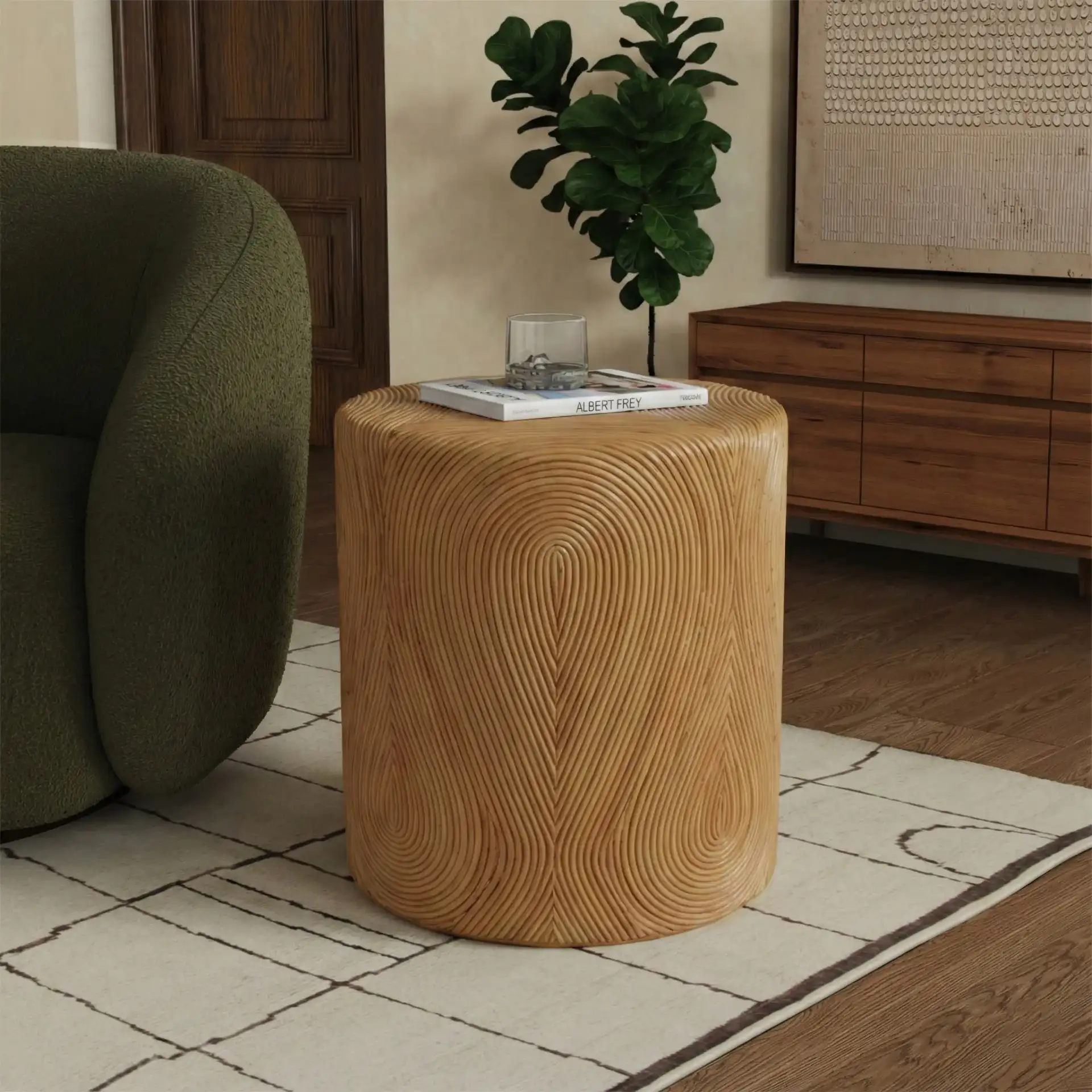 Rhynne Round Rattan Accent Table in Natural in a styled room