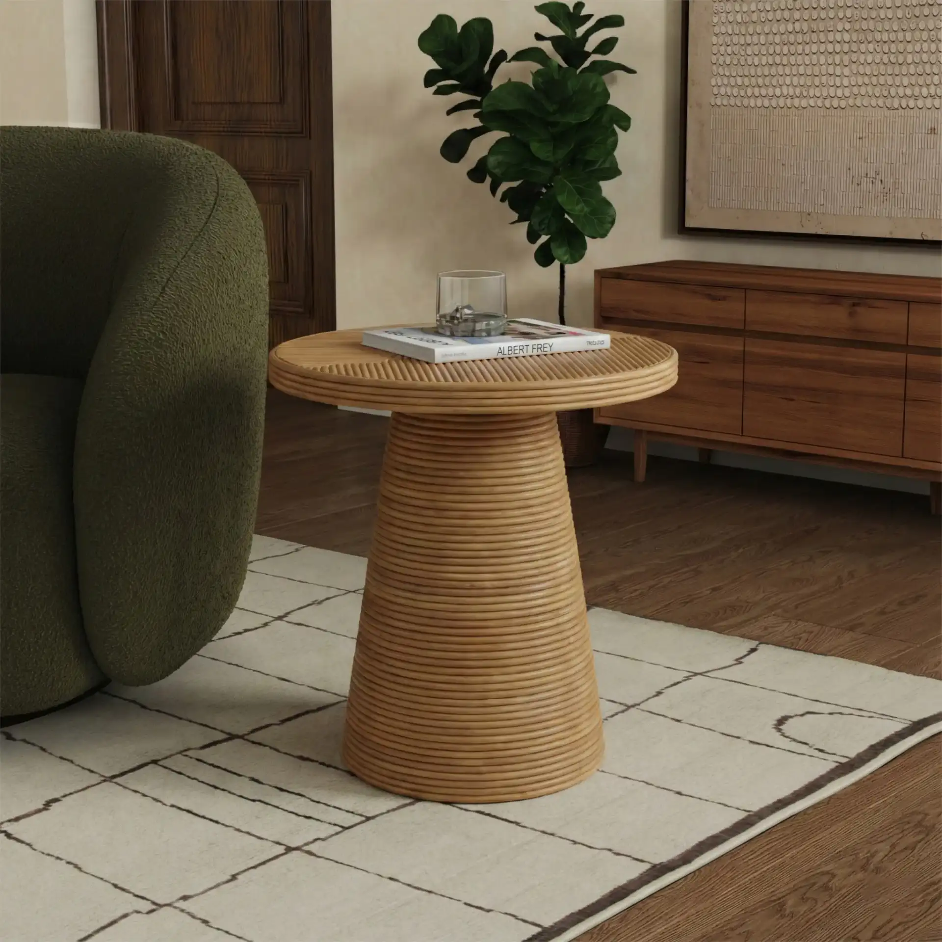 Vyvianna Rattan Accent Table in Natural in a styled room