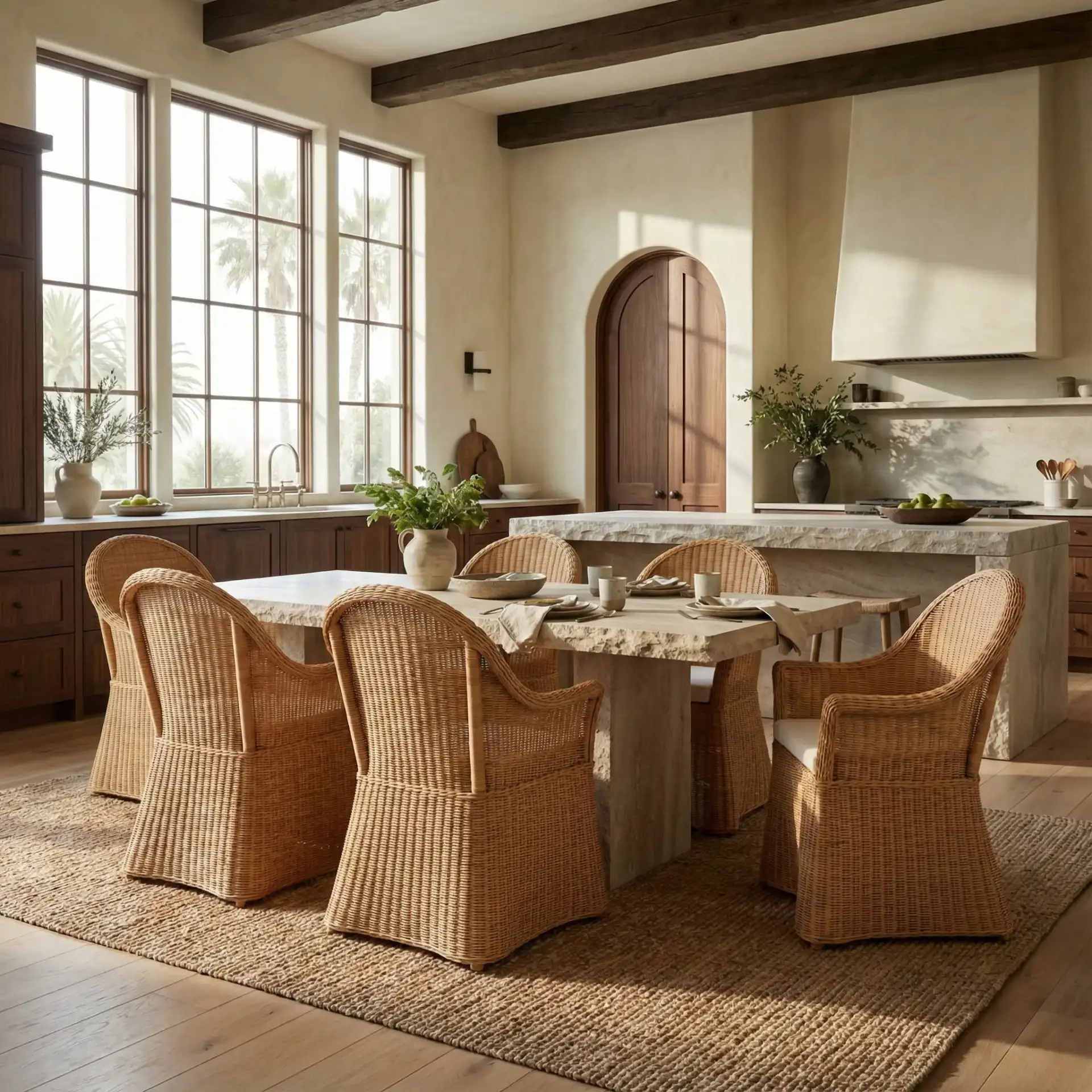 Hylda Rattan Dining Chair in Natural / White in a styled room