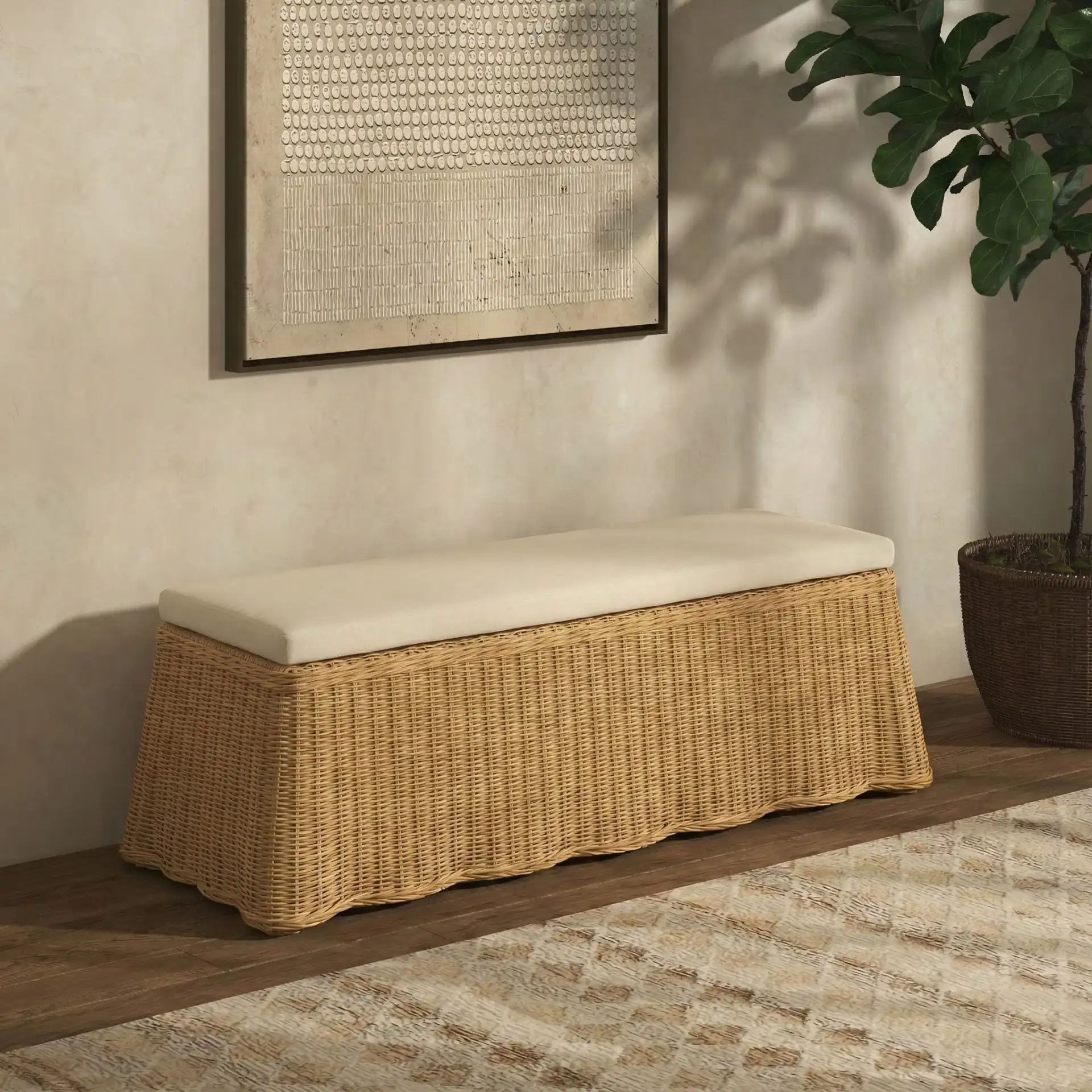 Hylda Rattan Bench in Natural / White in a styled room