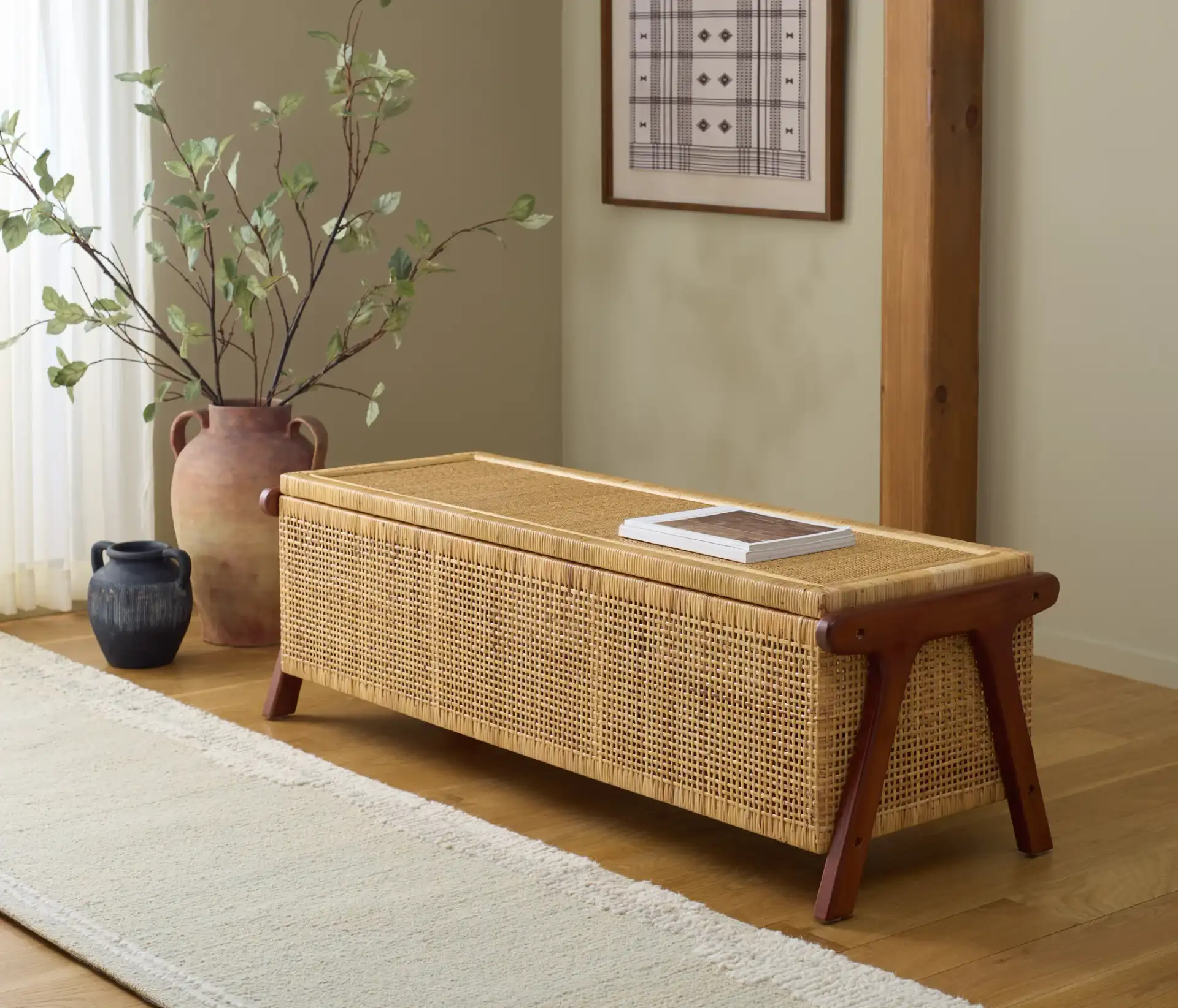 Irena Storage Trunk in Natural / Walnut in a styled room