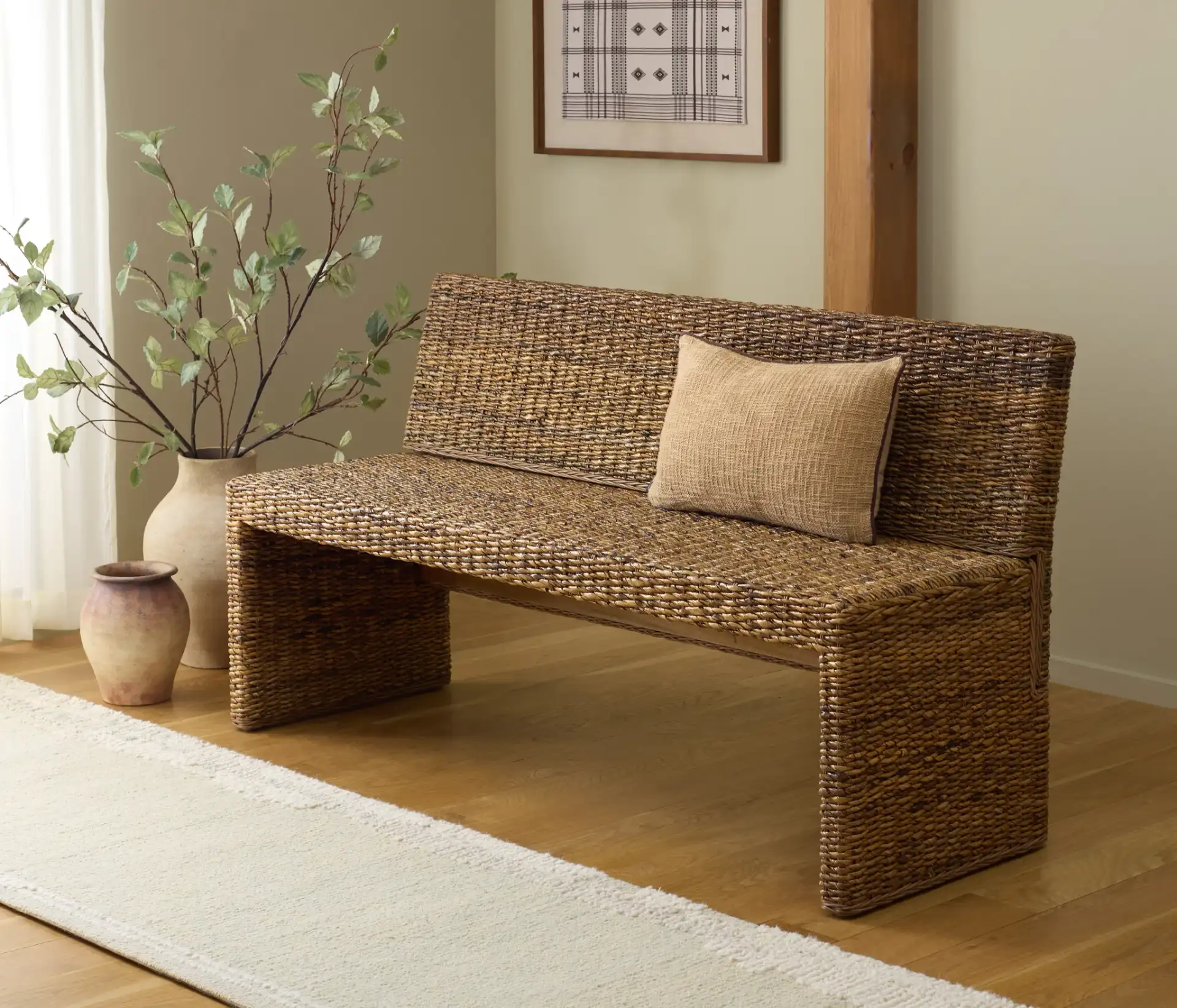 Graylee Abaca Bench in Natural in a styled room