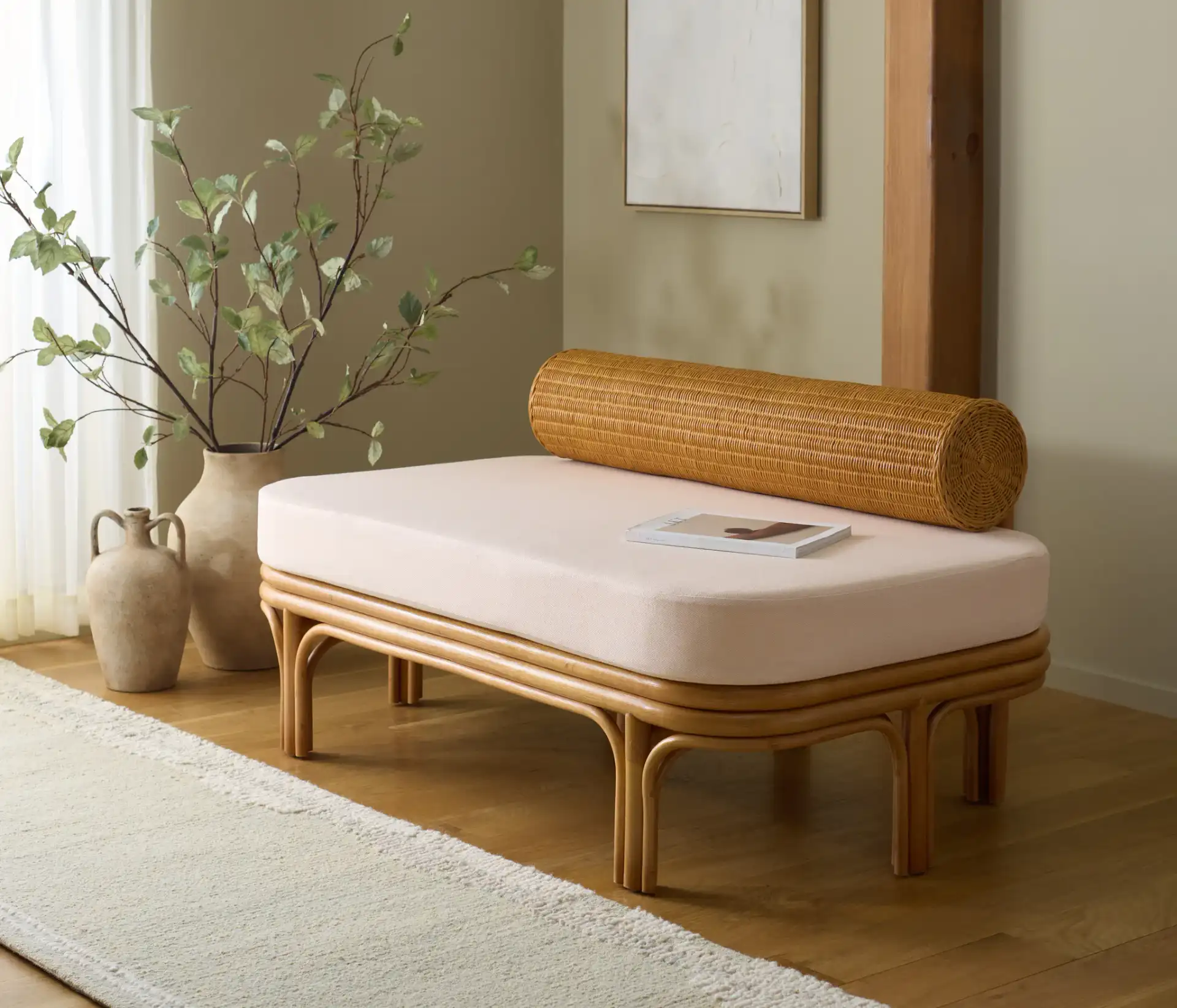 Fowley Rattan Bench in Natural in a styled room