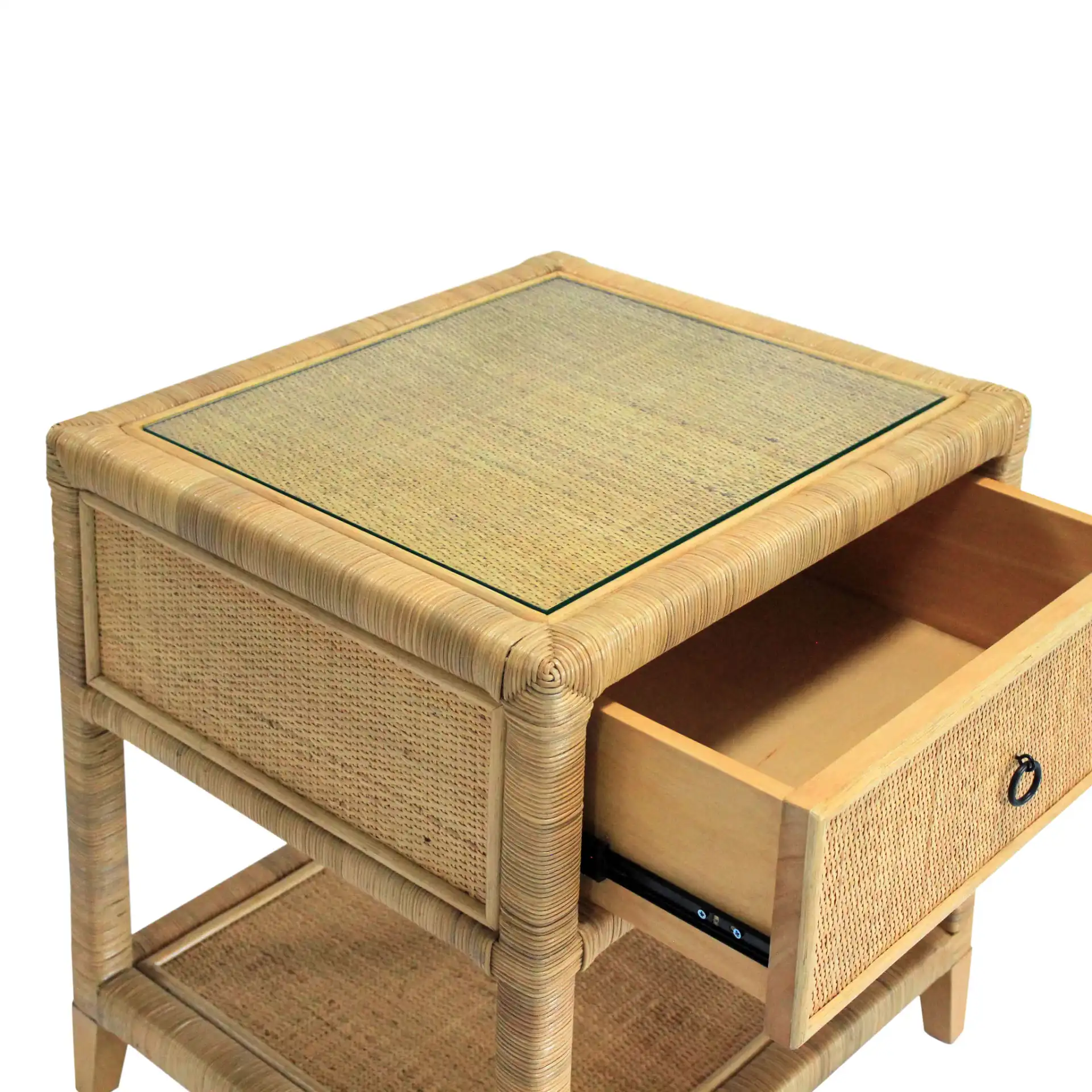 Lambert Rattan Nightstand in Natural in a styled room