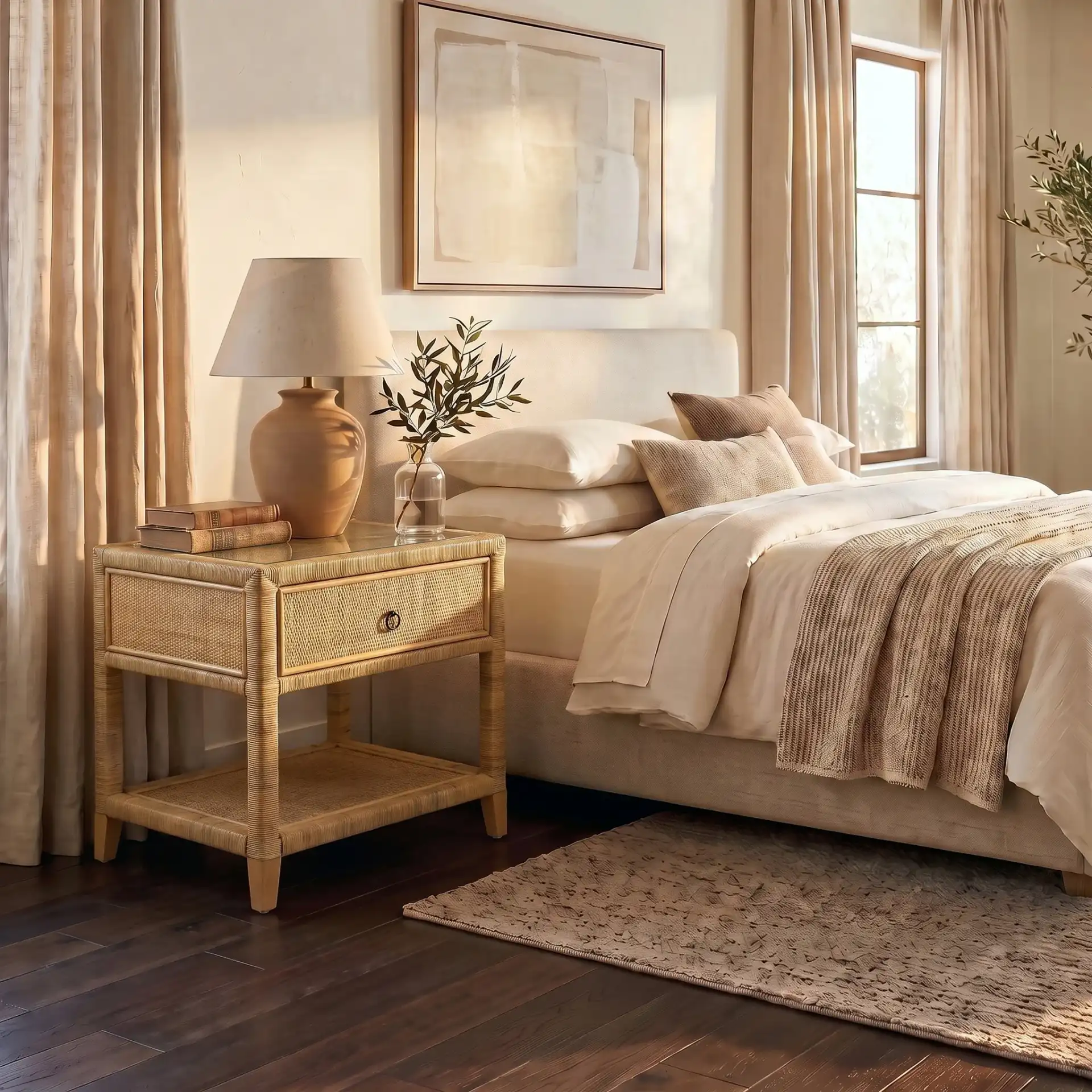 Lambert Rattan Nightstand in Natural in a styled room