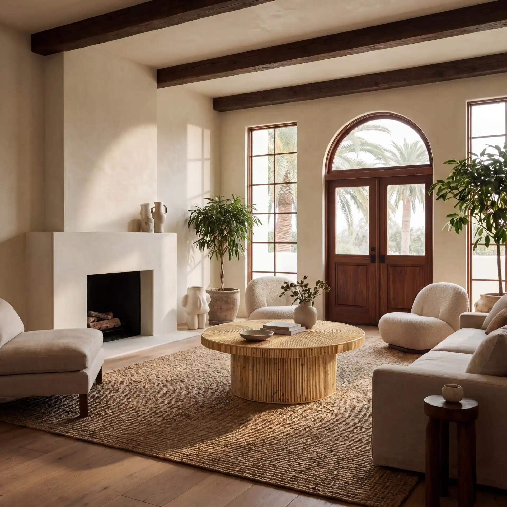 Oswald Rattan Round Coffee Table in Natural in a styled room
