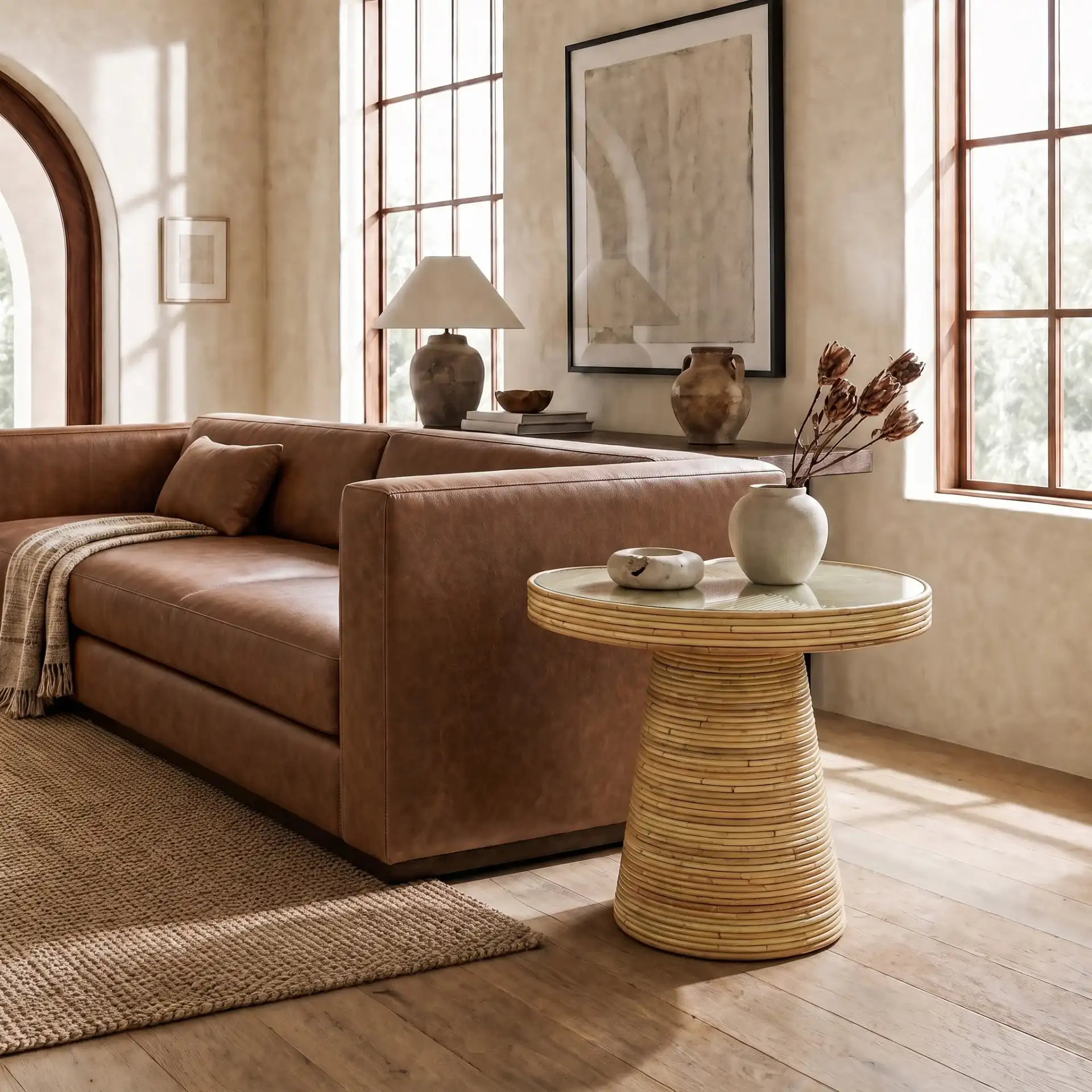 Nile Rattan Tall Accent Table in Natural in a styled room