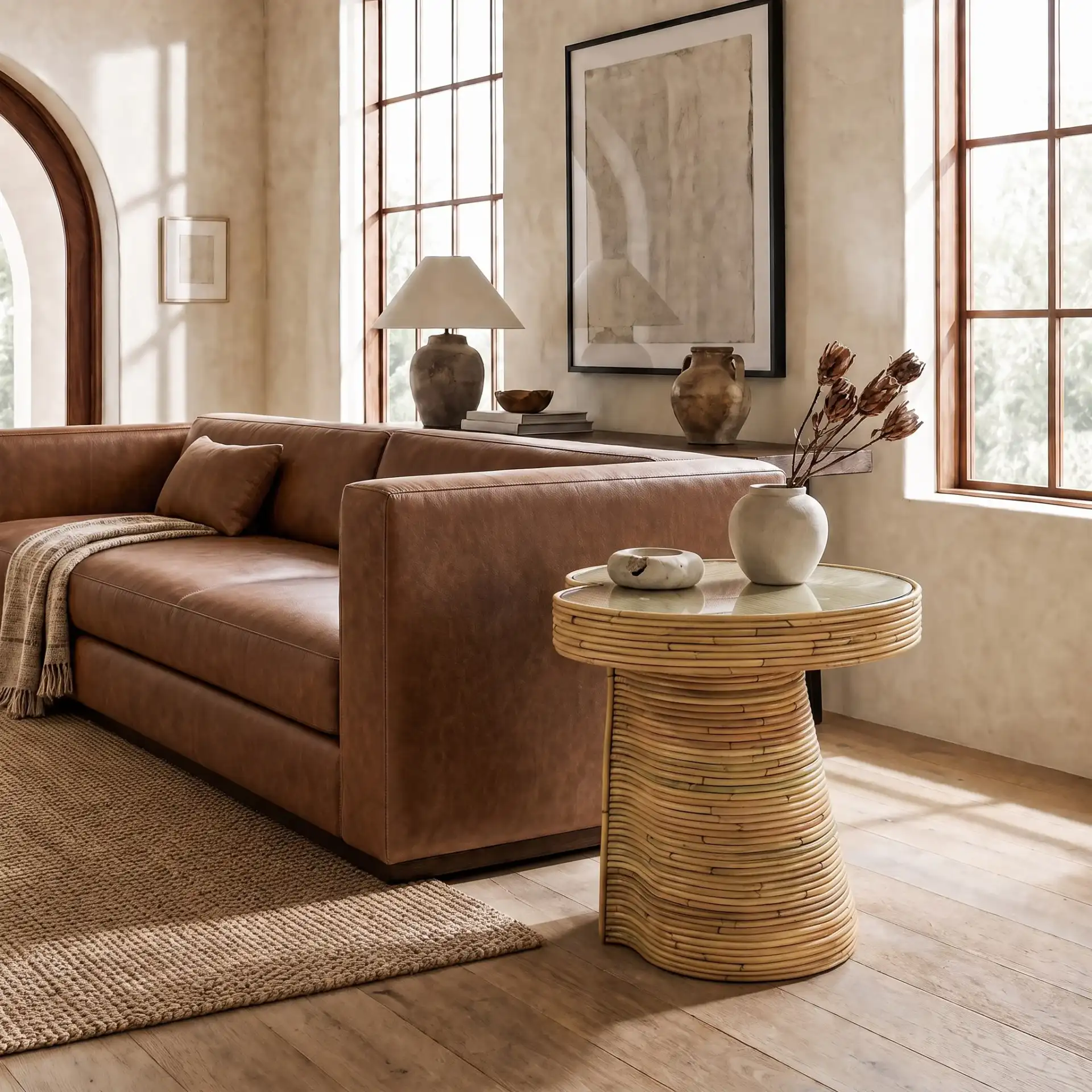 Nile Rattan Short Accent Table in Natural in a styled room