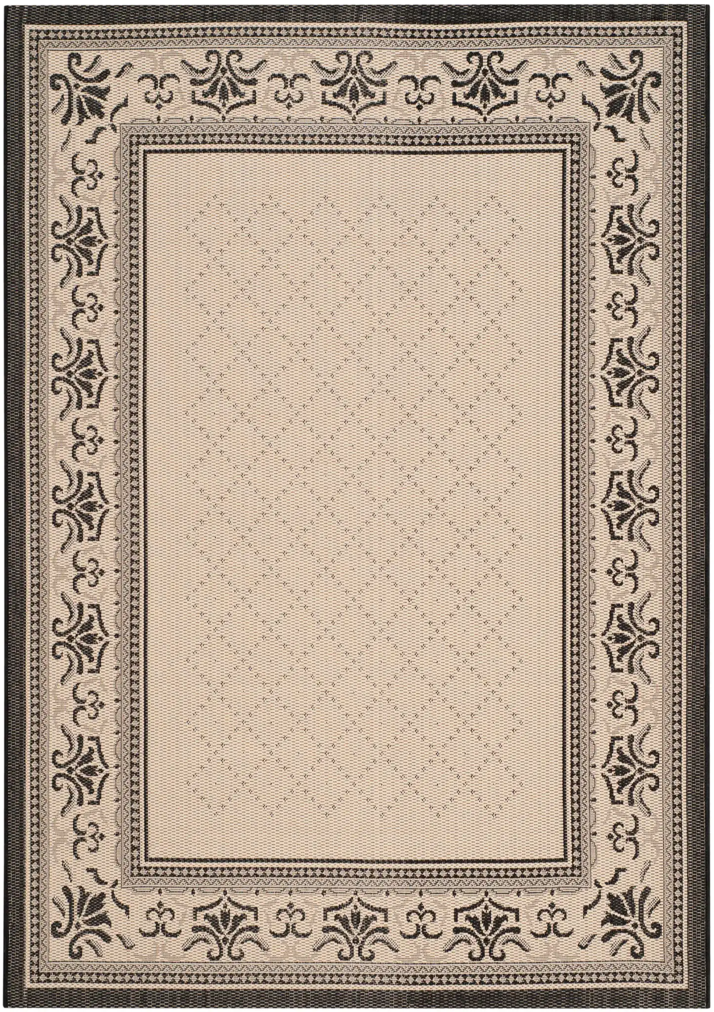 Courtyard Scroll Bordered Outdoor Rug in Sand / Black