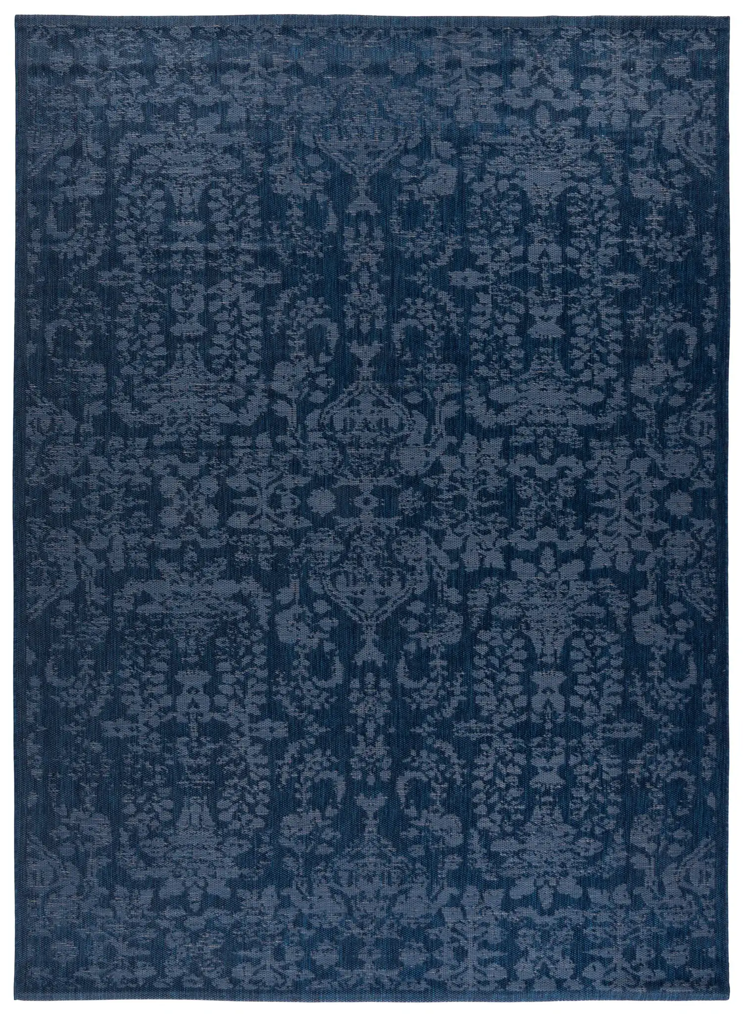 Courtyard Faded Damask Outdoor Rug in Navy / Blue