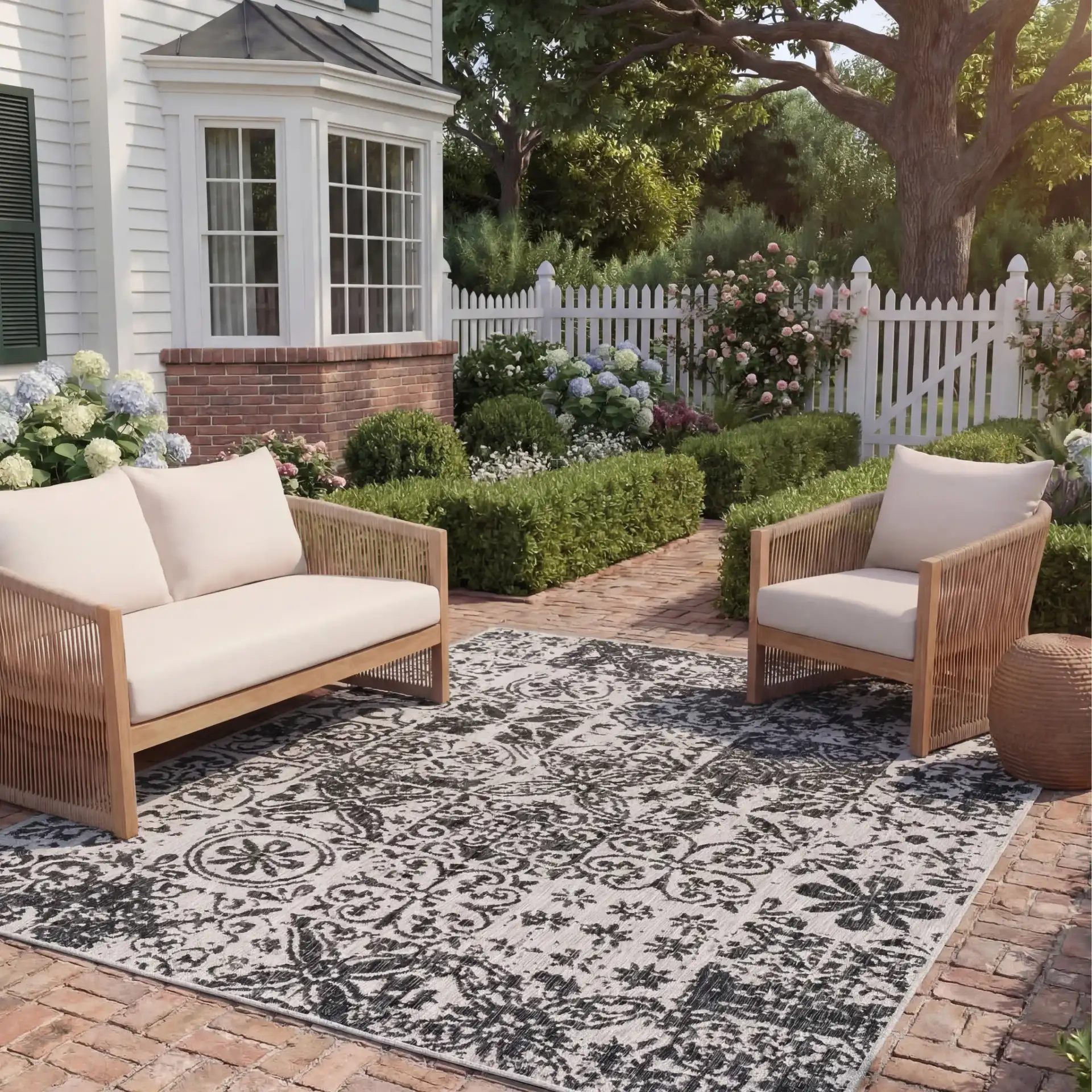 Courtyard Distressed Tile Patchwork Outdoor Rug in Black / Beige in a styled room