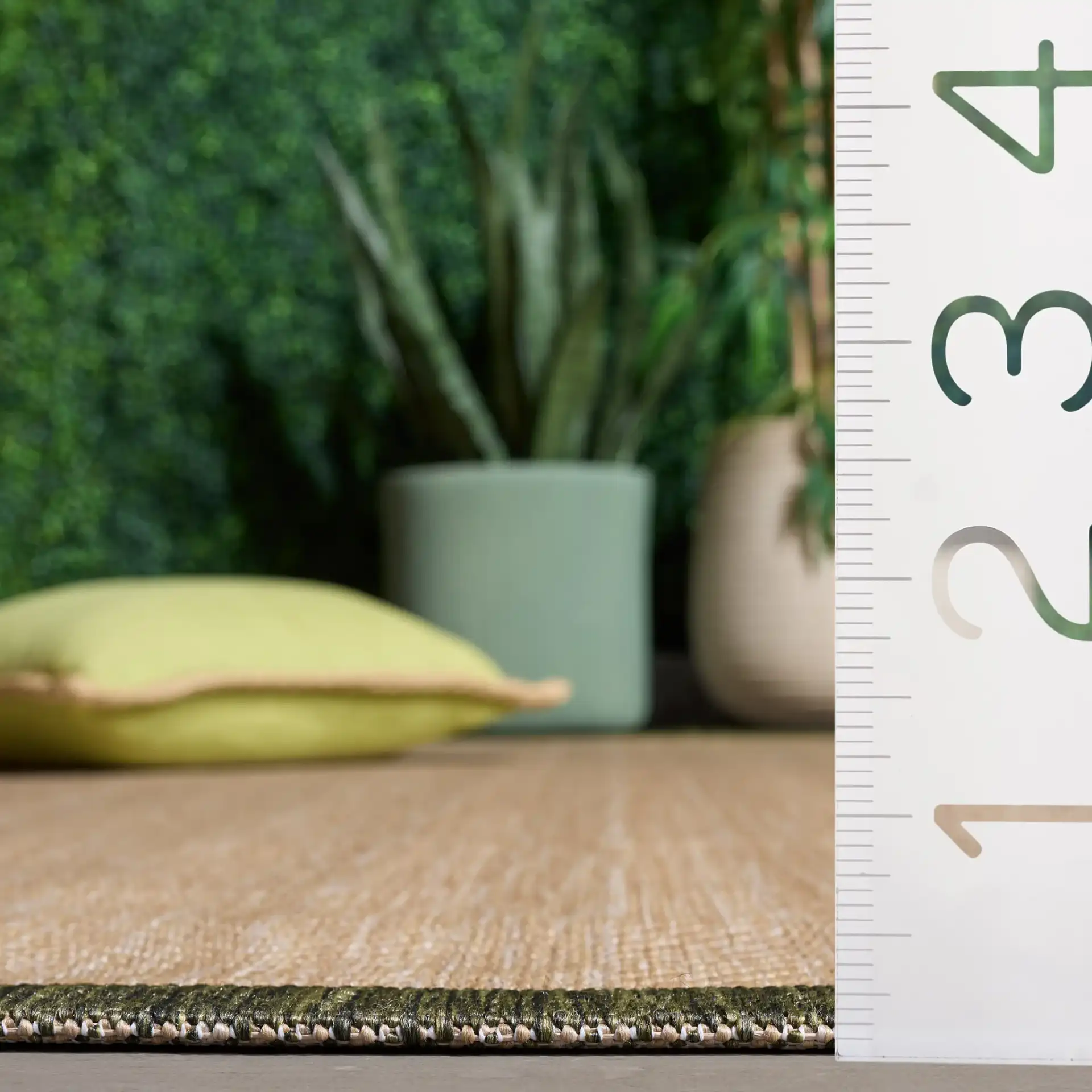 Courtyard Chevron Bordered Rug in Beige / Dark Green in a styled room