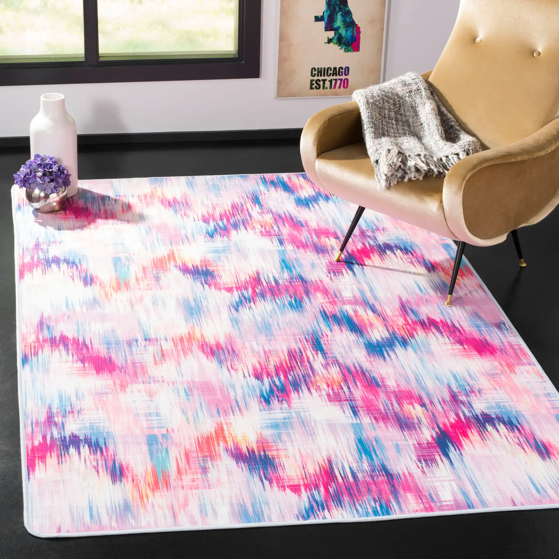 Daytona Ikat Diamond Washable Rug in Ivory / Pink in a styled room