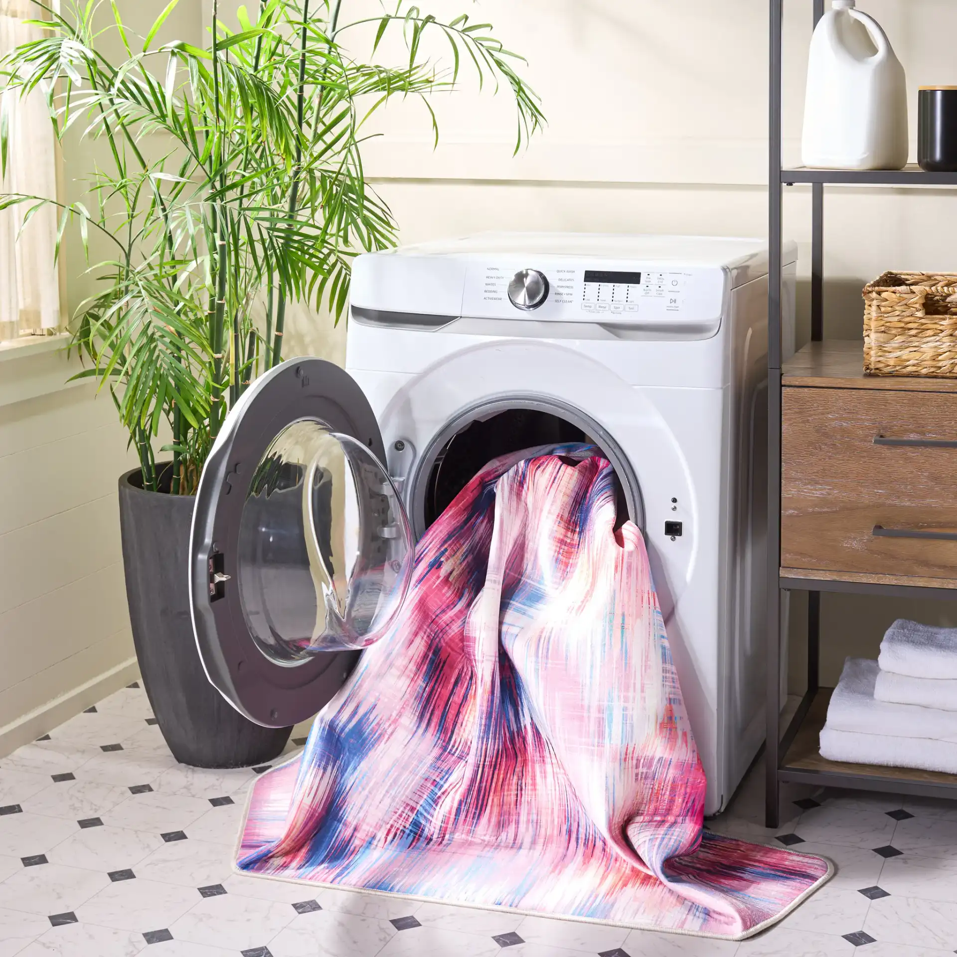 Daytona Ikat Diamond Washable Rug in Ivory / Pink in a styled room