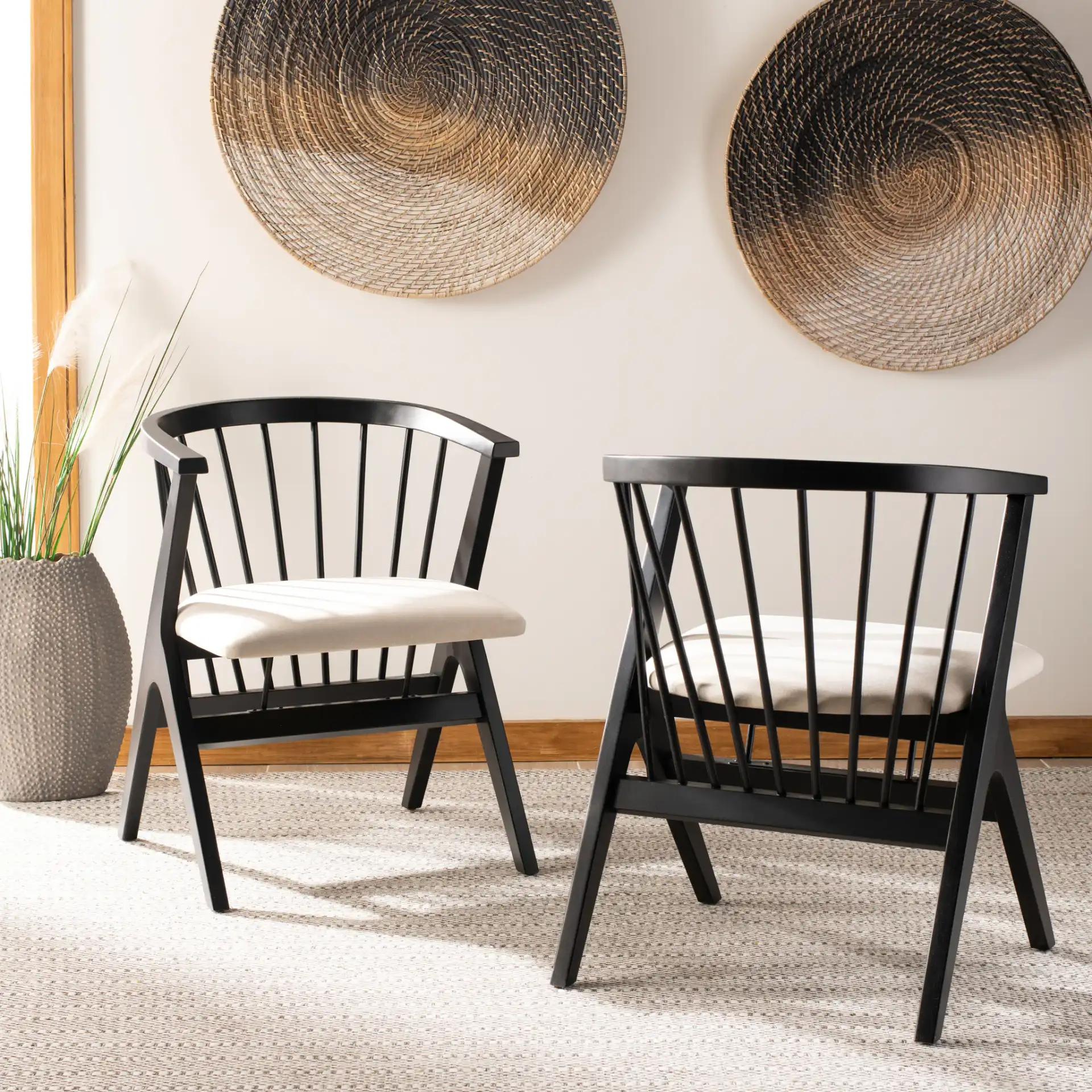Noah Spindle Dining Chair (Set of 2) in Black / Beige in a styled room