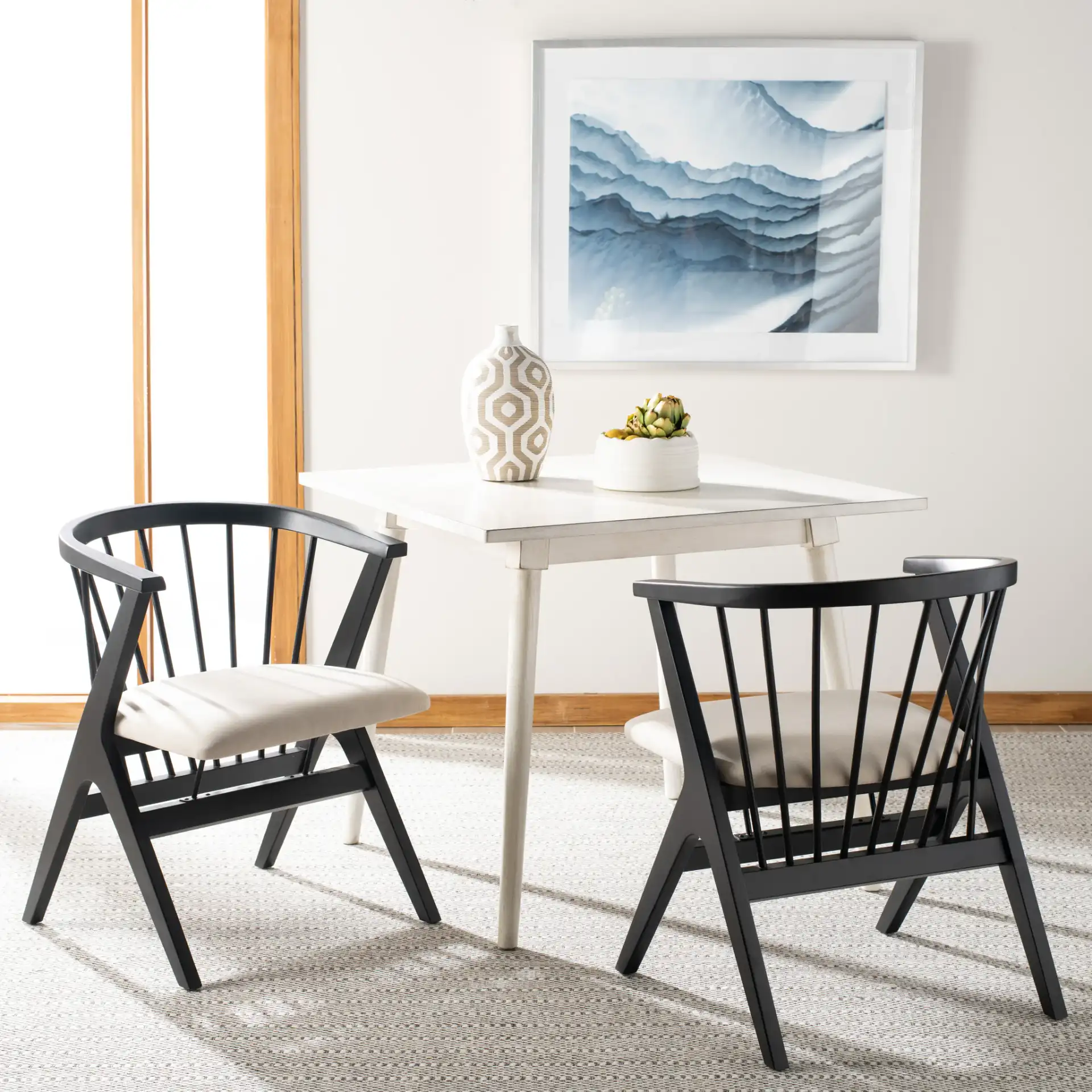 Noah Spindle Dining Chair (Set of 2) in Black / Beige in a styled room