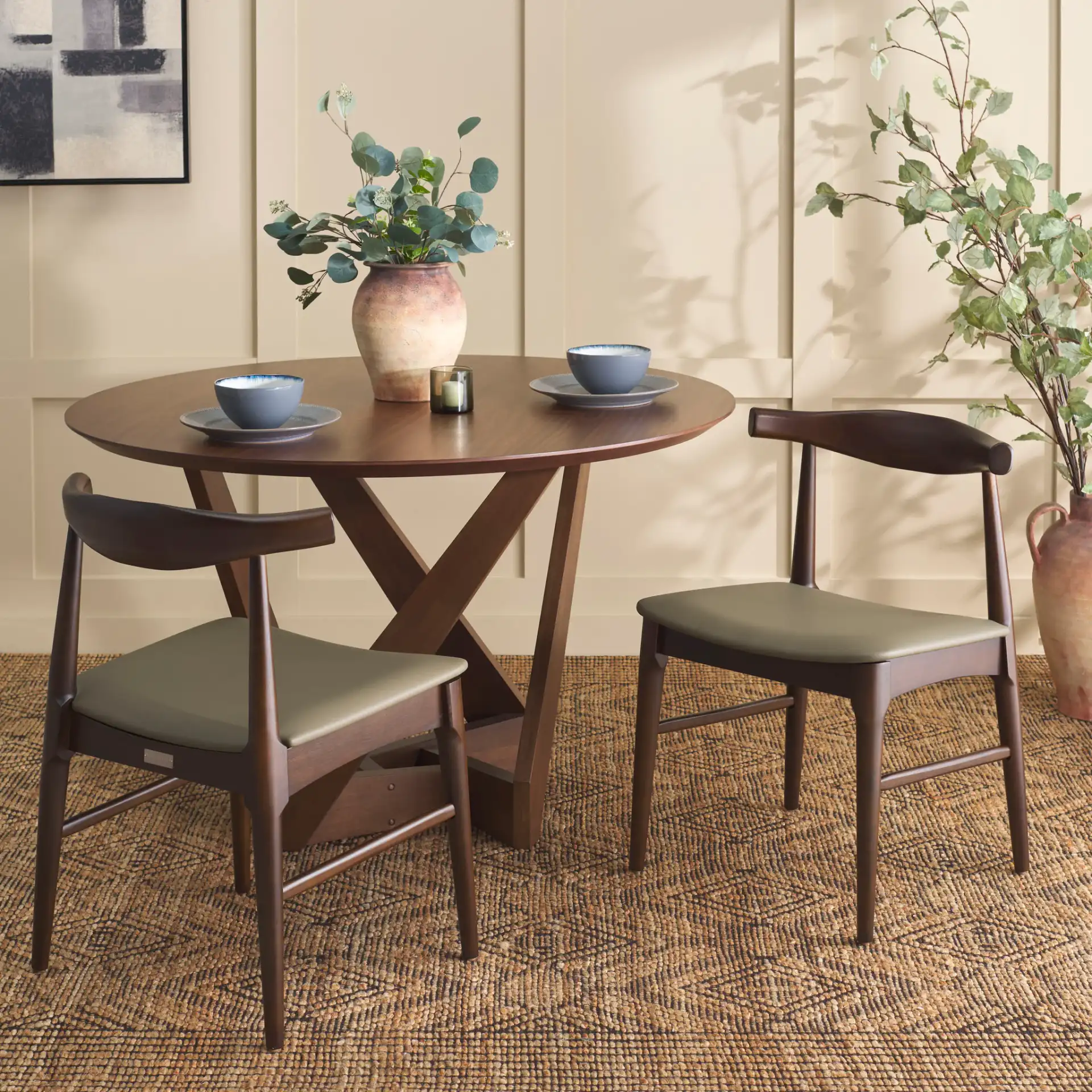 Elbow Dining Chair (Set of 2) in Olive / Espresso in a styled room