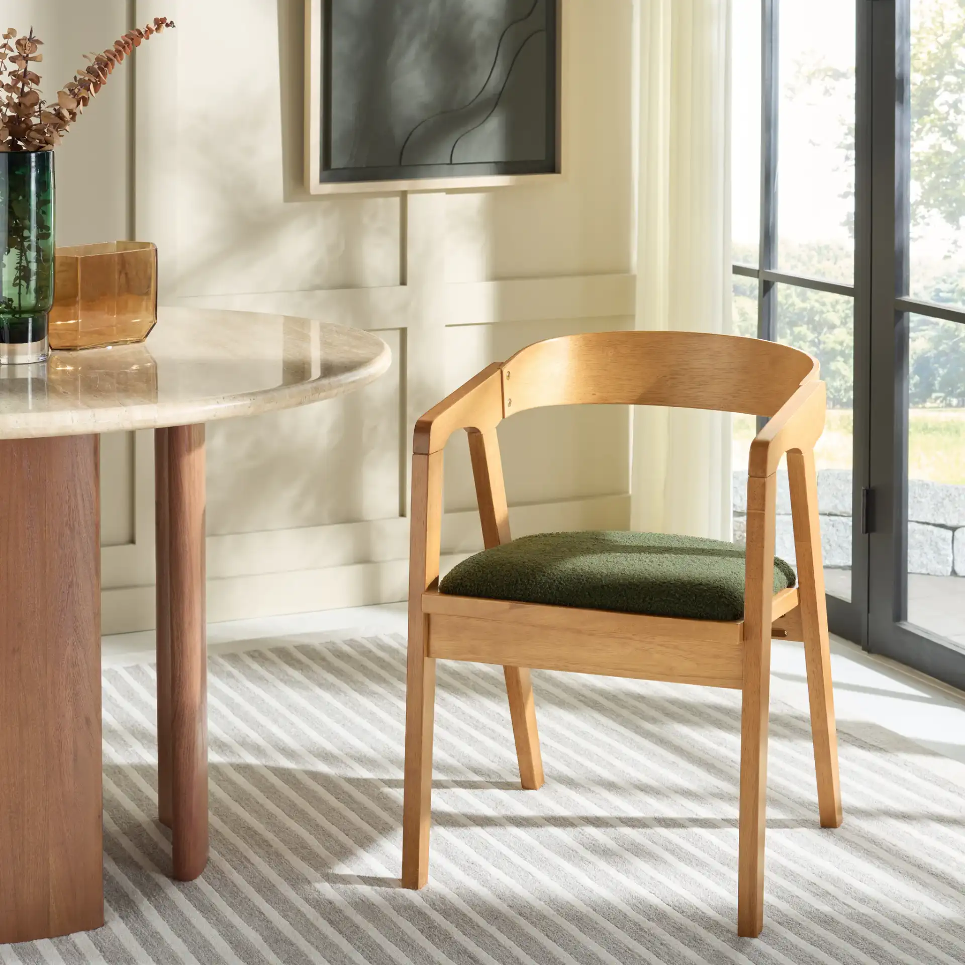Wildon Dining Chair in Dark Green / Light Walnut in a styled room