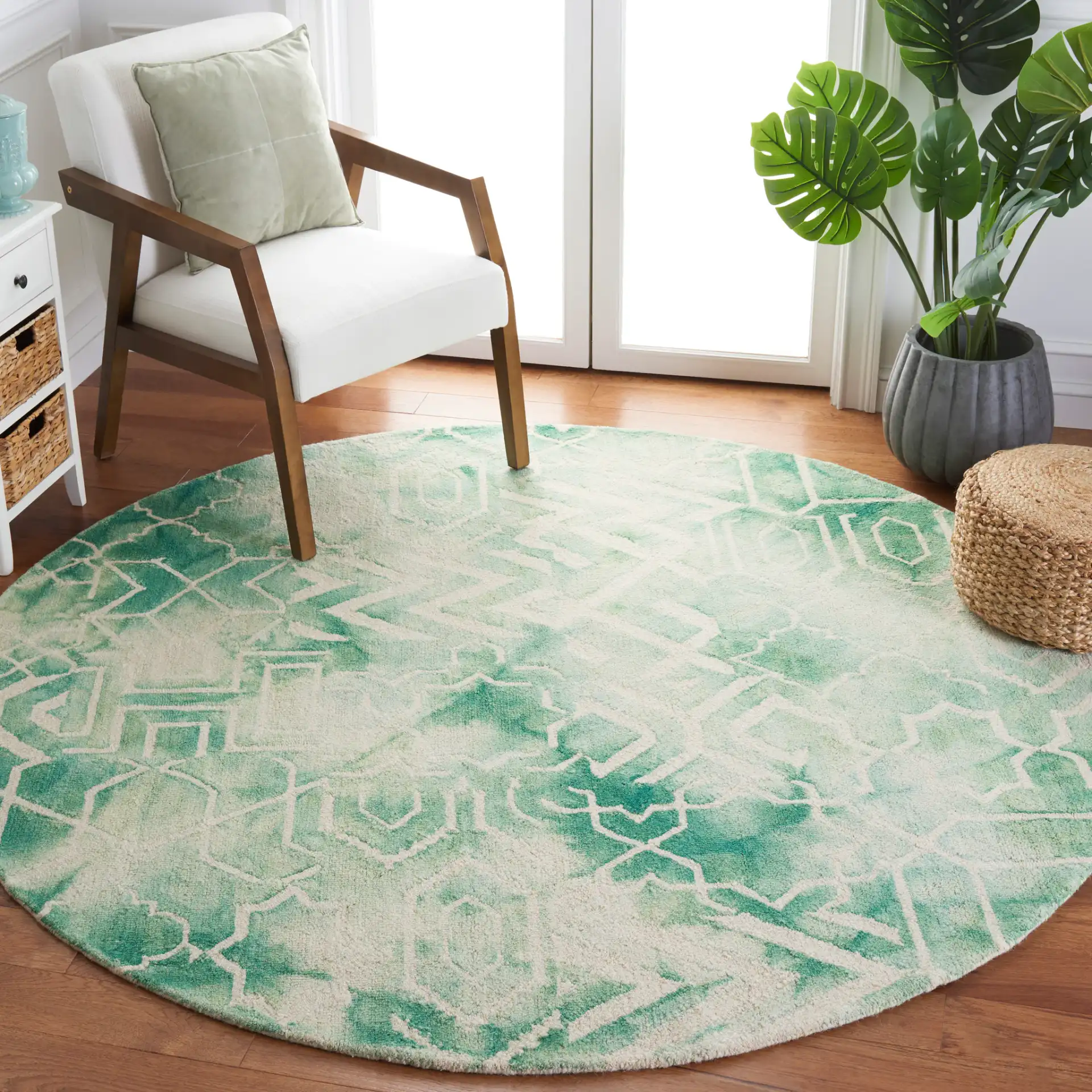 Dip Dye Mixed Geometric Hand-Tufted Wool Rug in Green / Ivory in a styled room