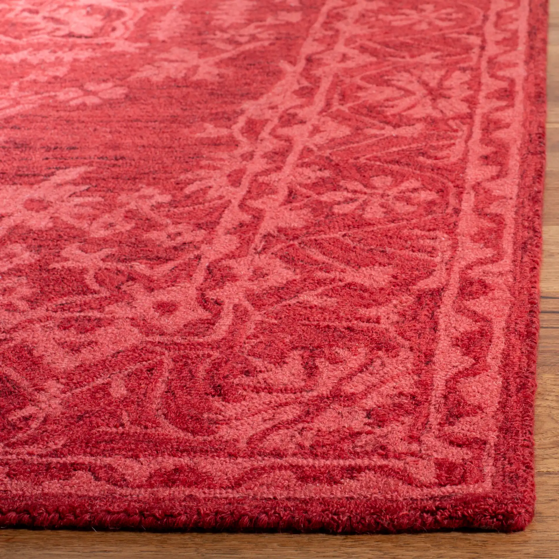 Dip Dye Bordered Medallion Hand-Tufted Wool Rug in Red in a styled room