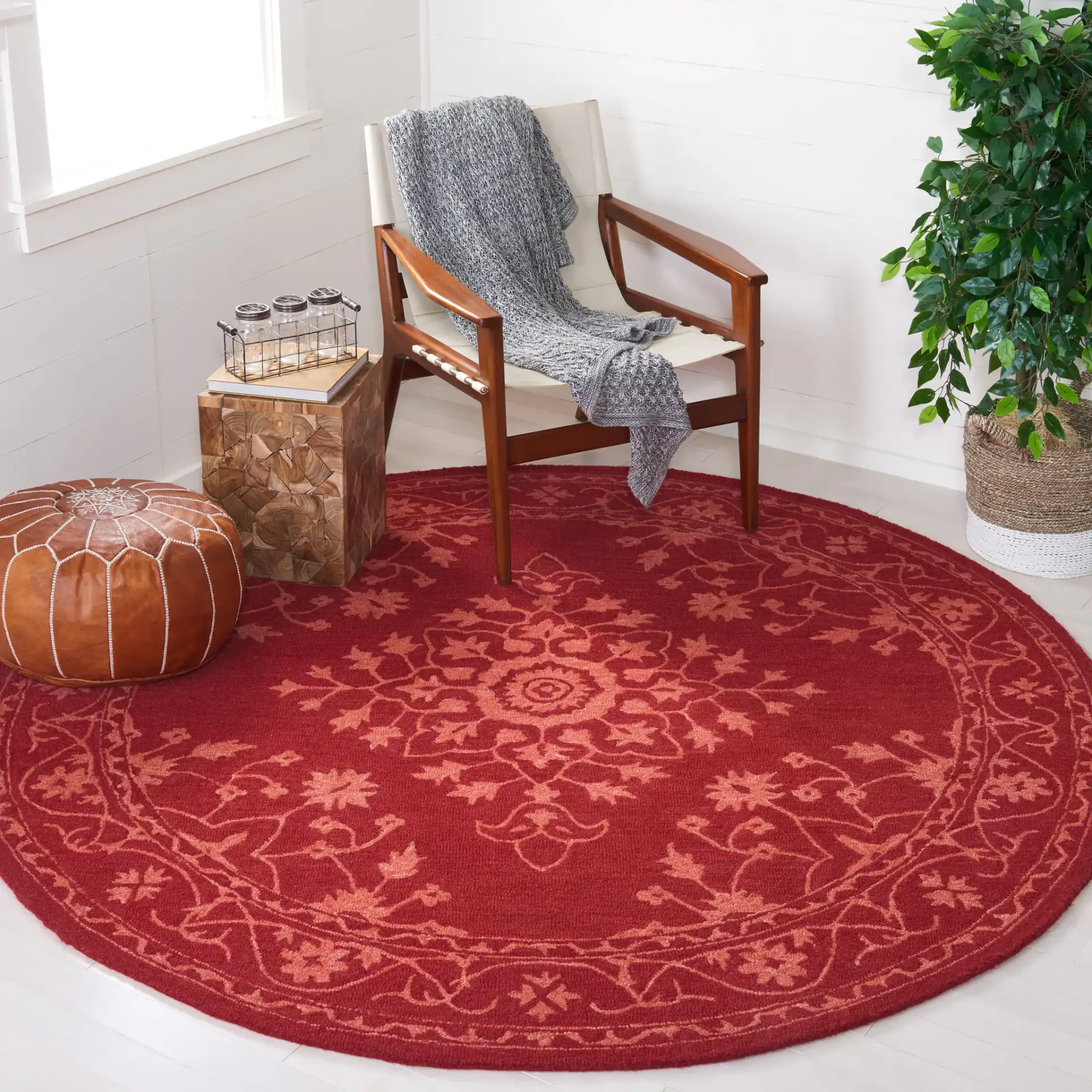 Dip Dye Bordered Medallion Hand-Tufted Wool Rug in Red in a styled room