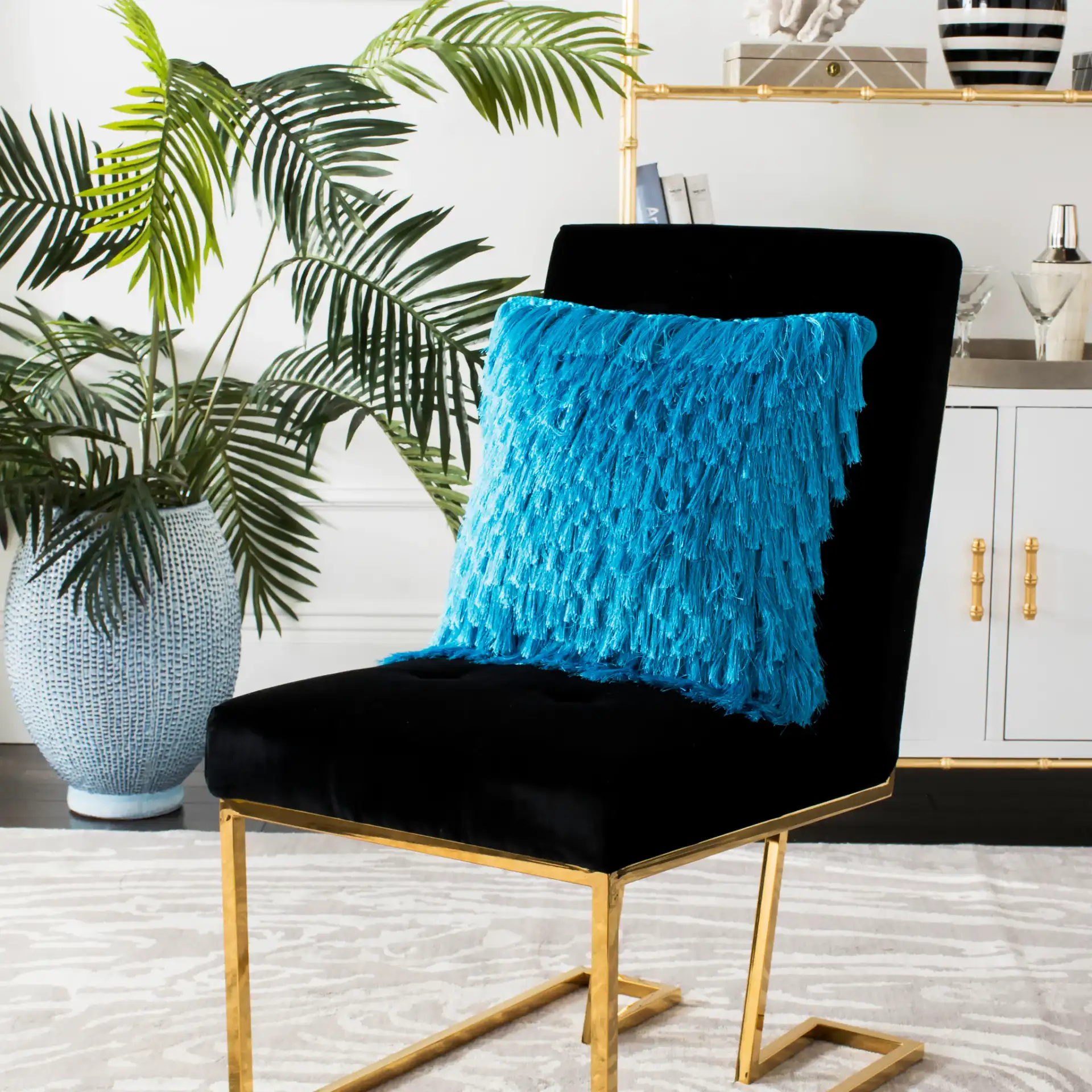 Cali Shag Pillow (Set of 2) in Electric Blue in a styled room