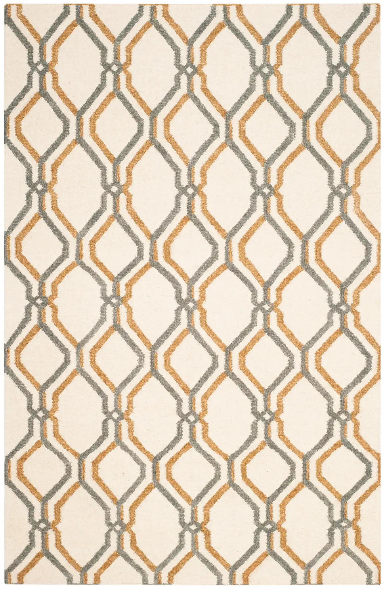 Dhurries Interlocking Lattice Hand-Woven Wool Rug in Ivory / Black, detail view