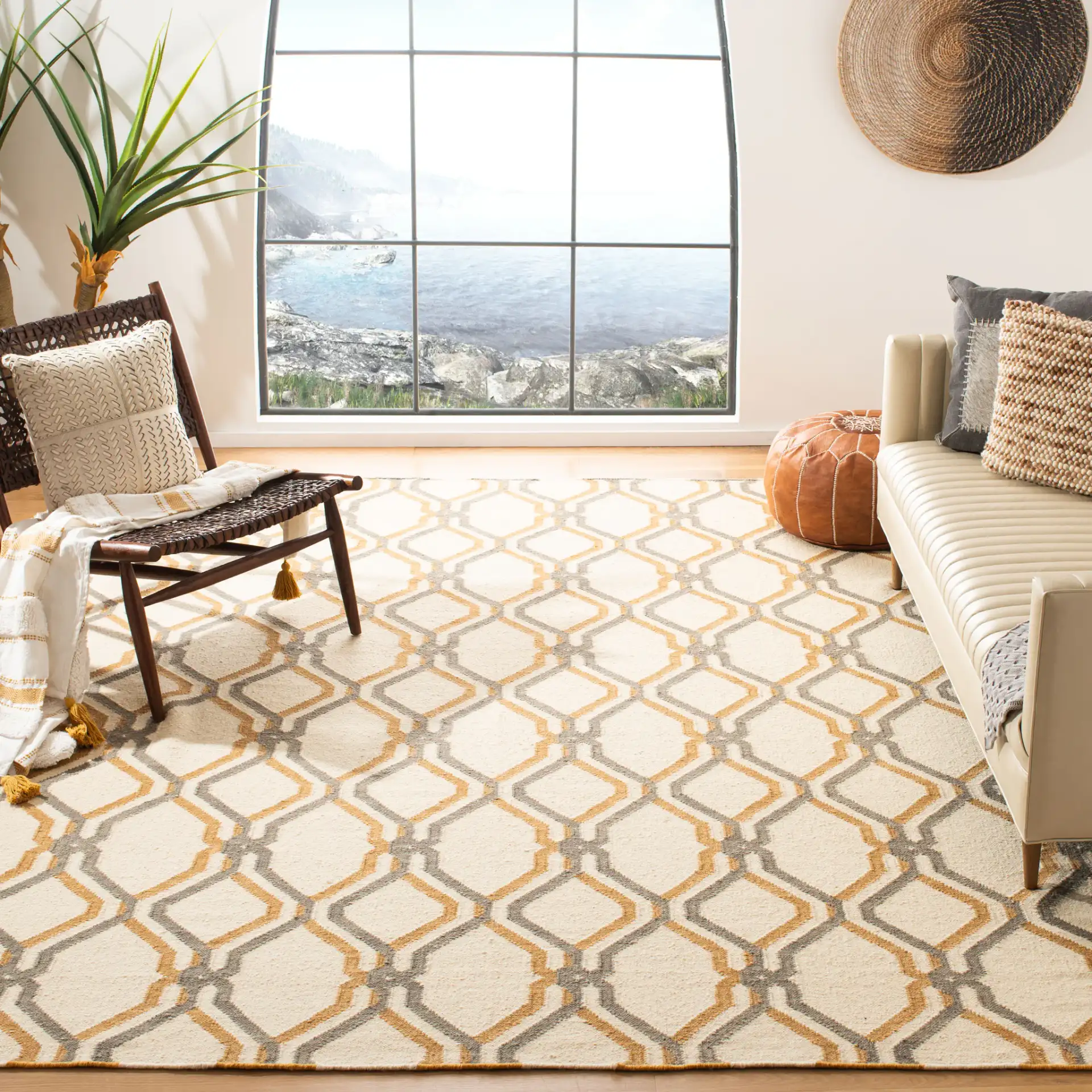 Dhurries Interlocking Lattice Hand-Woven Wool Rug in Ivory / Black in a styled room