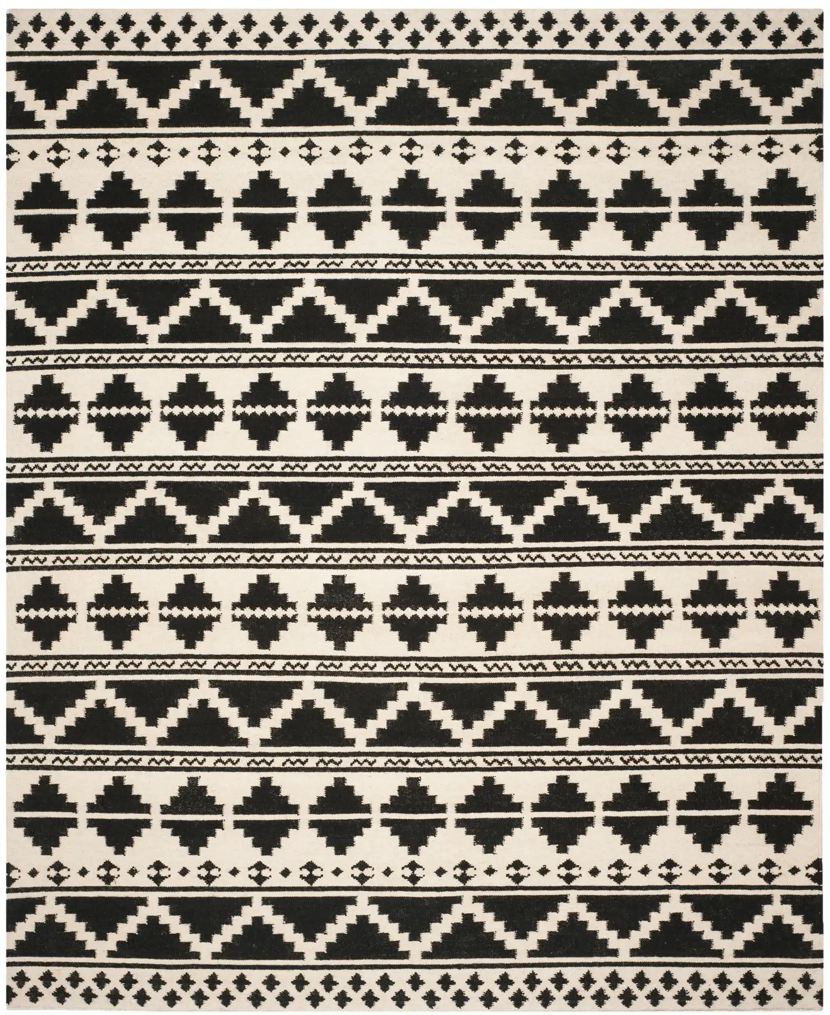 Dhurries Banded Geometric Hand-Woven Wool Rug in Black / Ivory