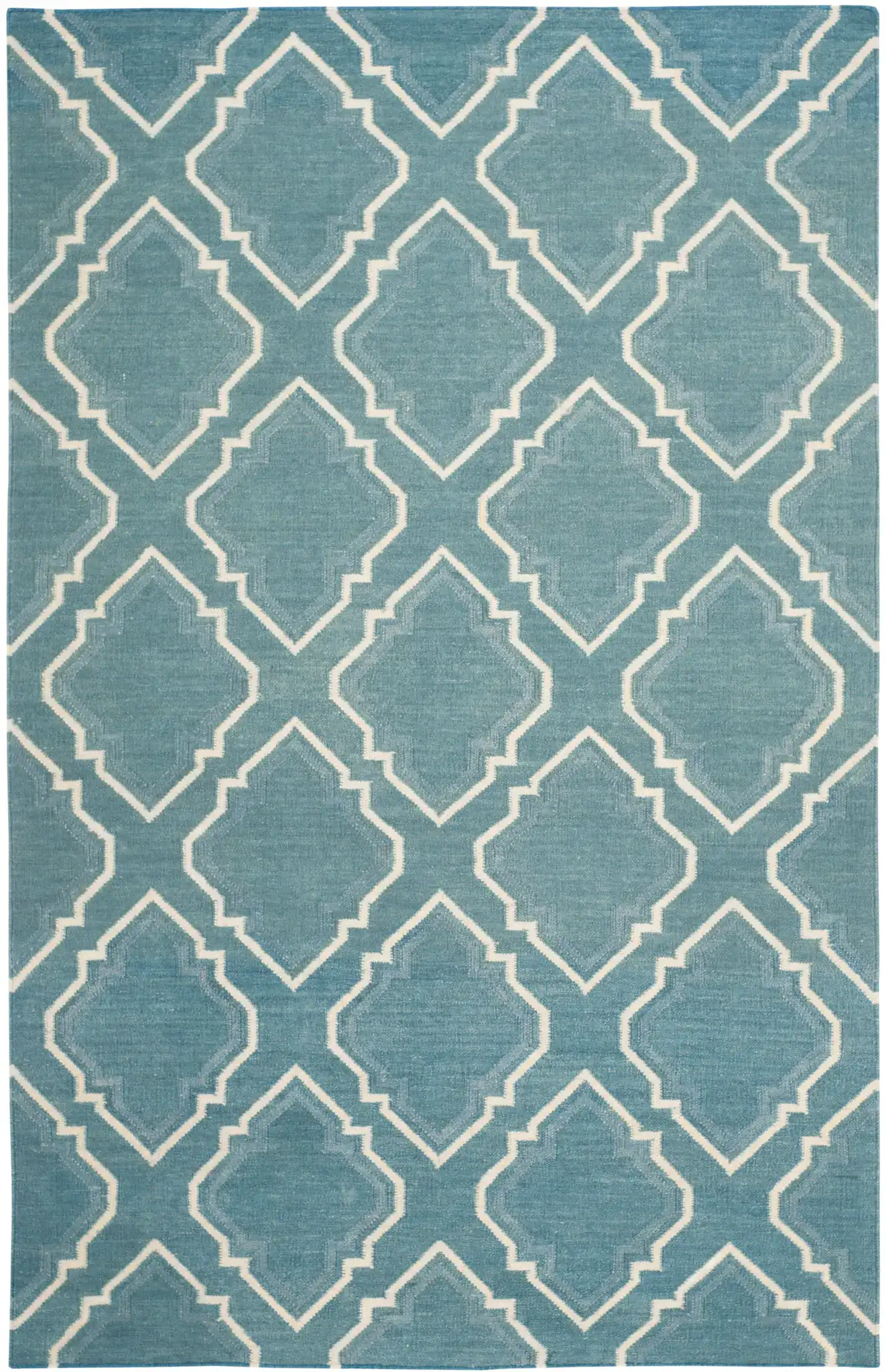 Dhurries Stepped Ogee Trellis Hand-Woven Wool Rug in Blue / Ivory, detail view