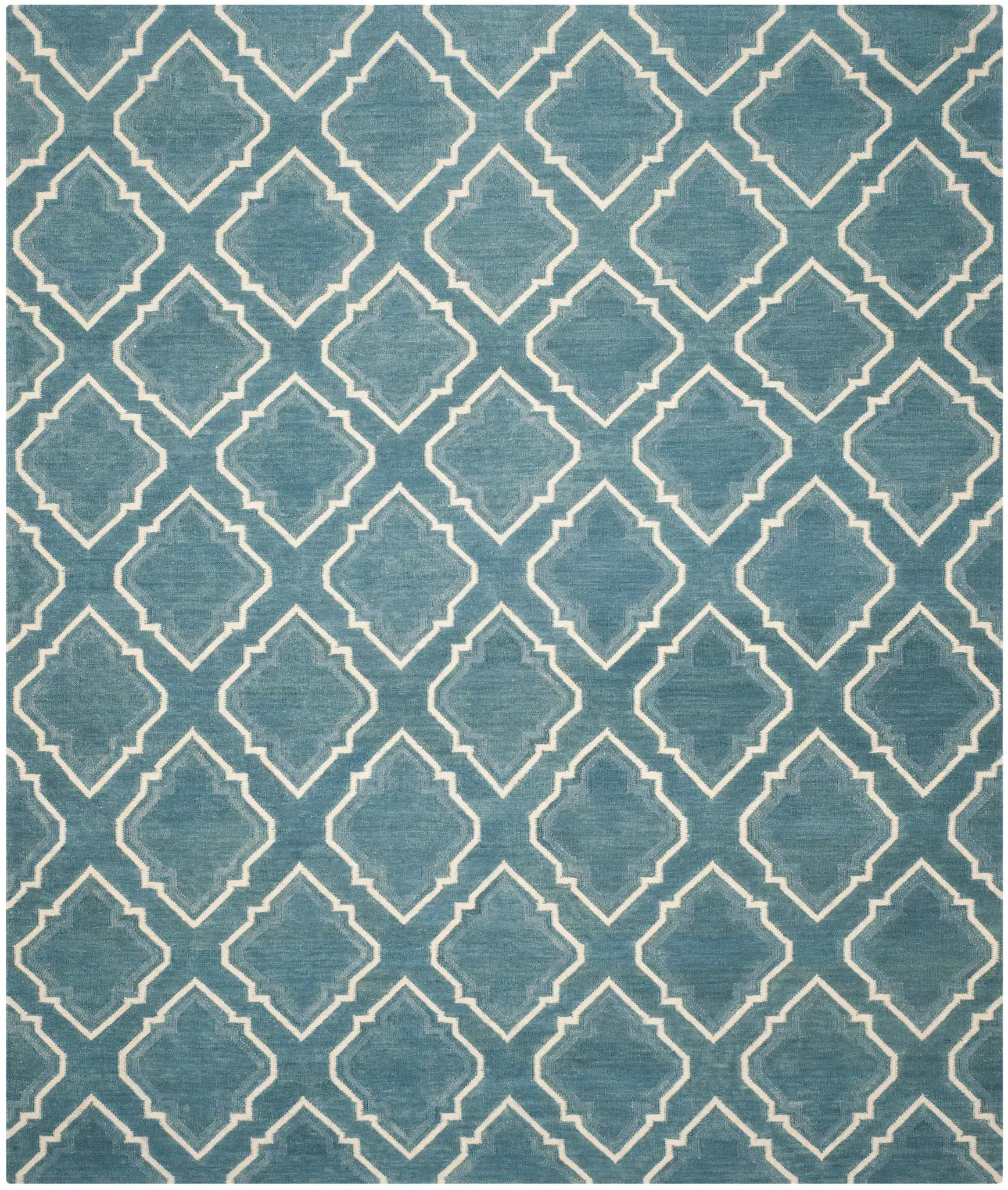 Dhurries Stepped Ogee Trellis Hand-Woven Wool Rug in Blue / Ivory