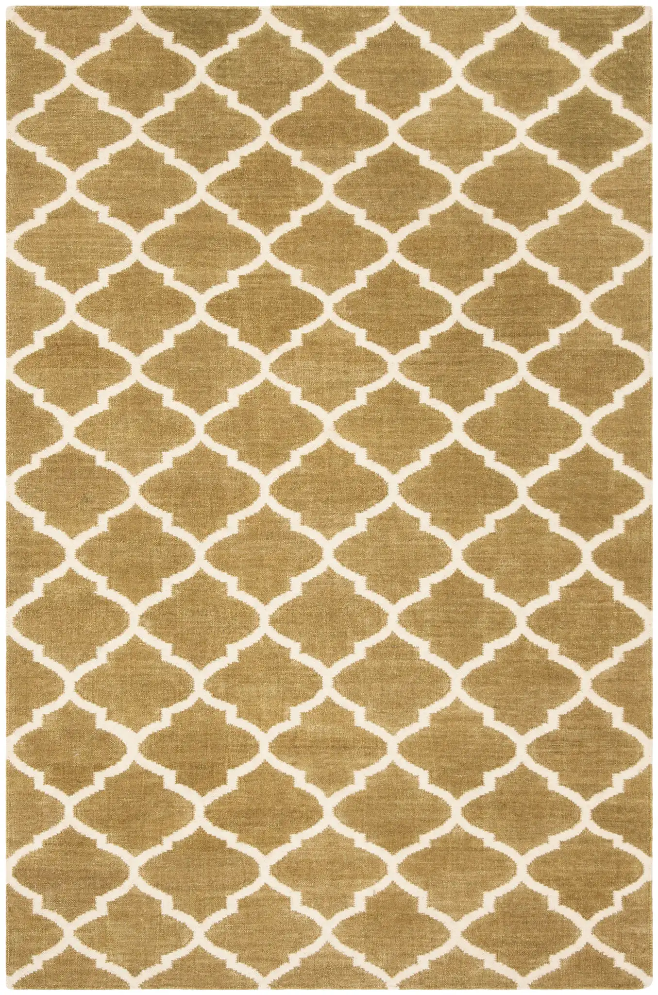 Dhurries Ogee Trellis Hand-Woven Wool Rug in Green / Ivory, detail view