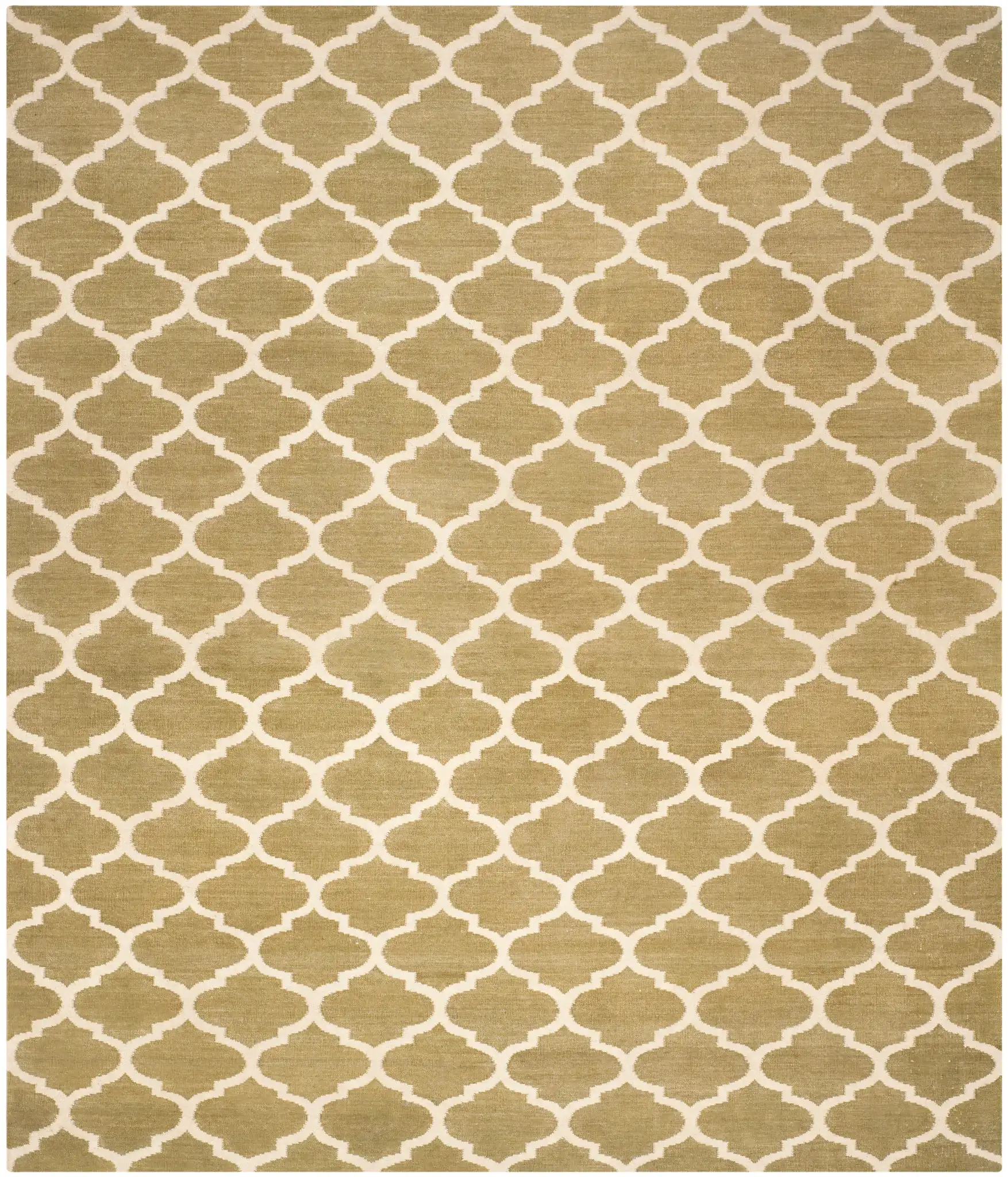 Dhurries Ogee Trellis Hand-Woven Wool Rug in Green / Ivory