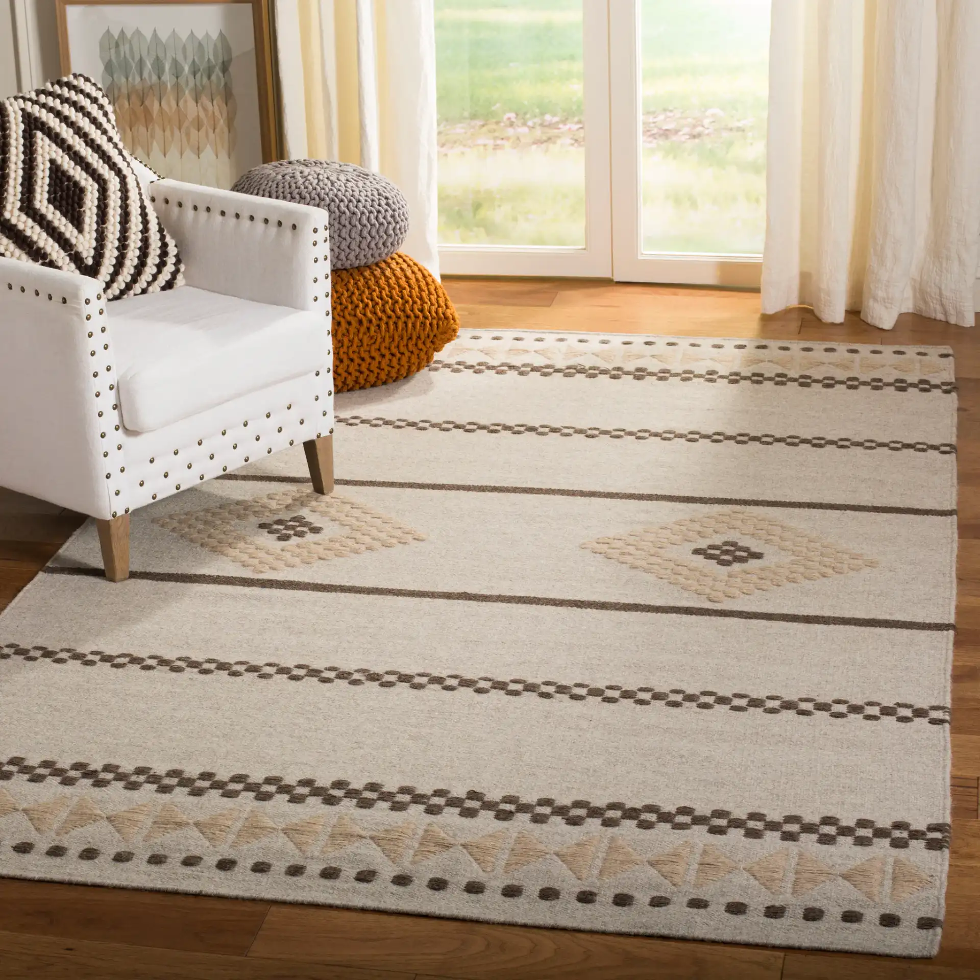 Dhurries Banded Diamond Hand-Woven Wool Rug in Natural in a styled room