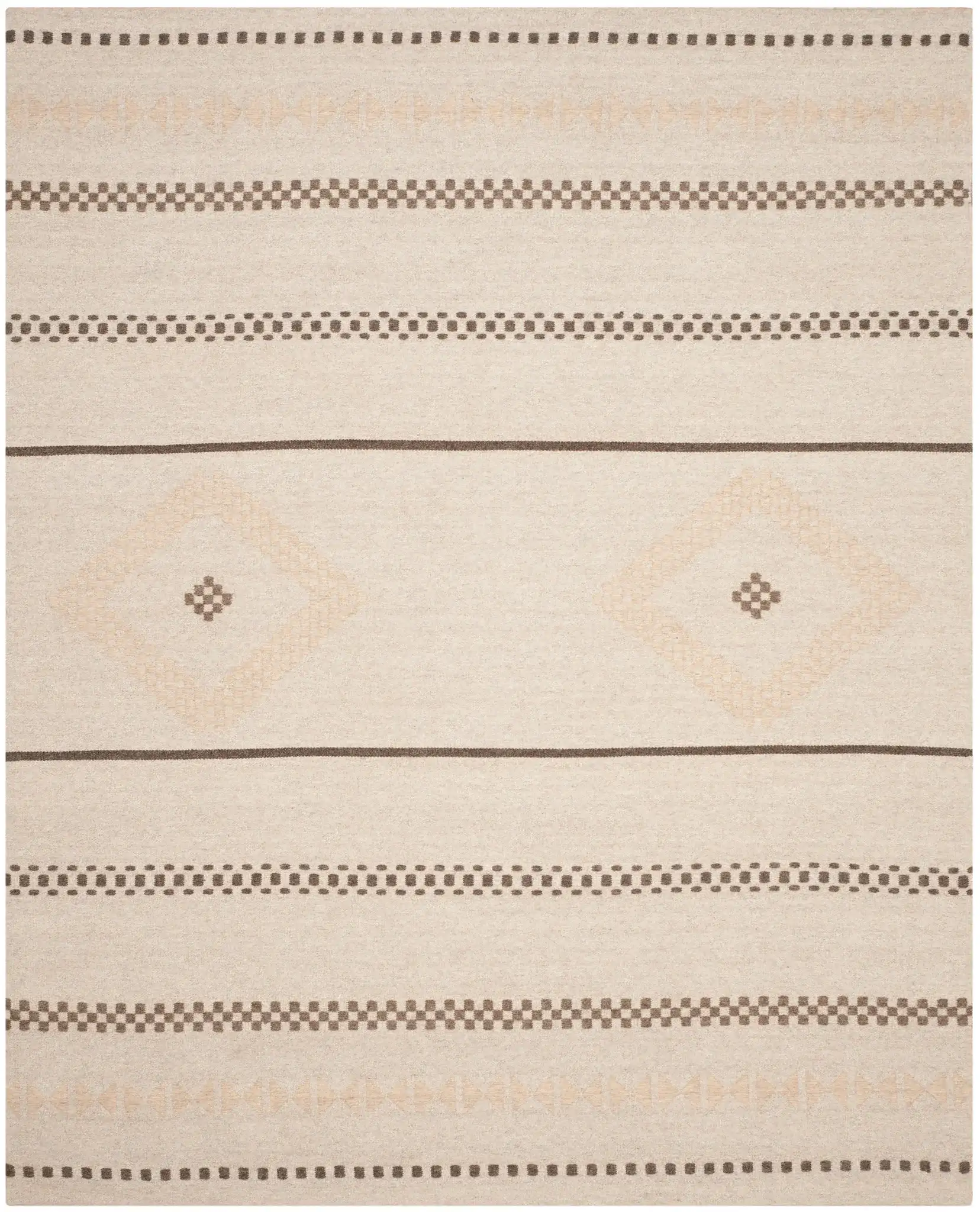 Dhurries Banded Diamond Hand-Woven Wool Rug in Natural