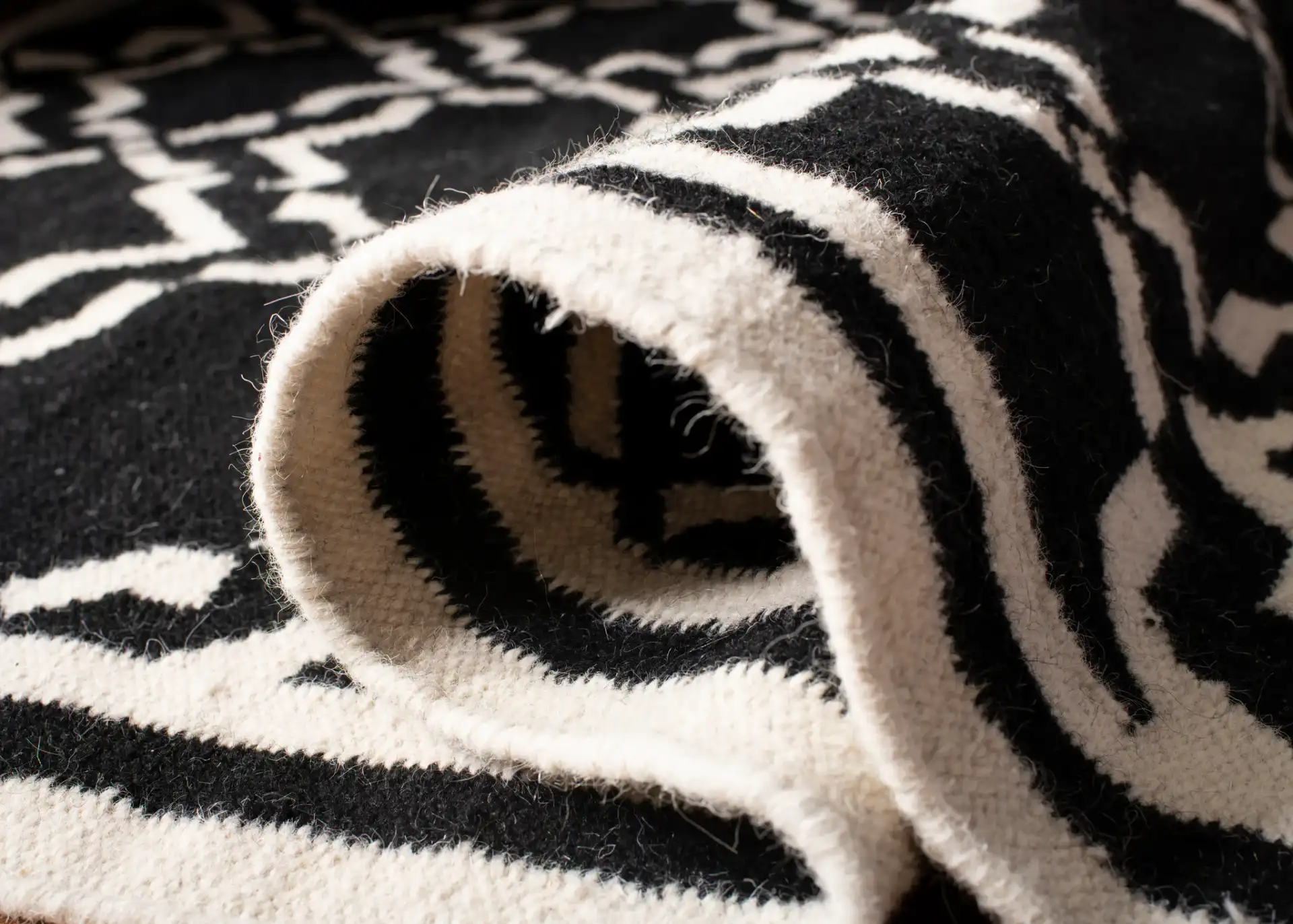 Dhurries Bordered Geometric Trellis Hand-Woven Rug in Black / Ivory in a styled room