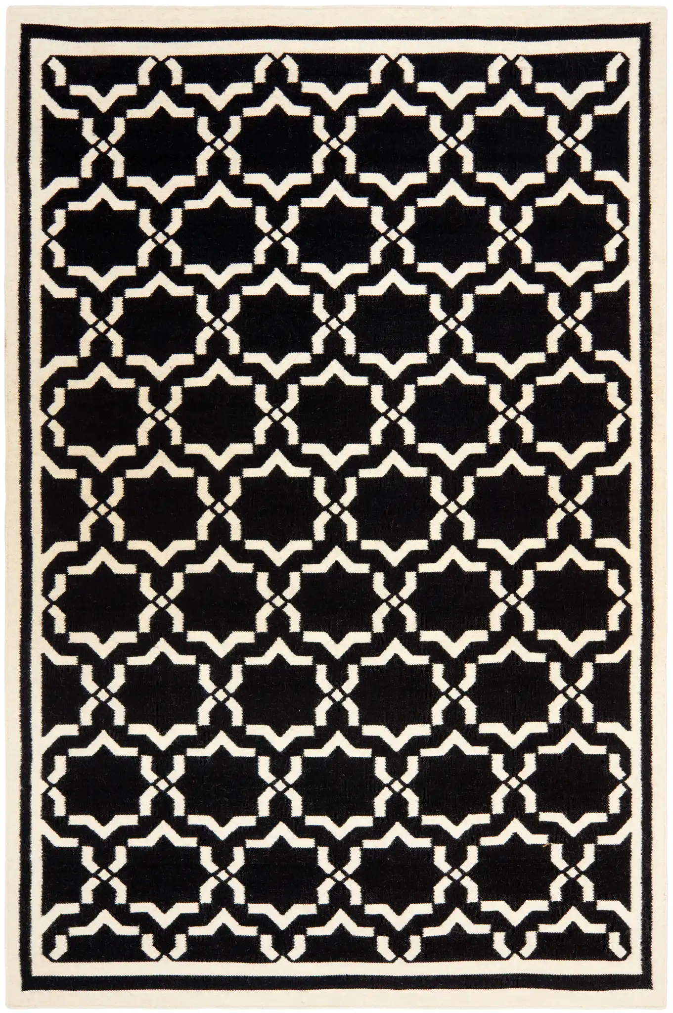 Dhurries Bordered Geometric Trellis Hand-Woven Rug in Black / Ivory