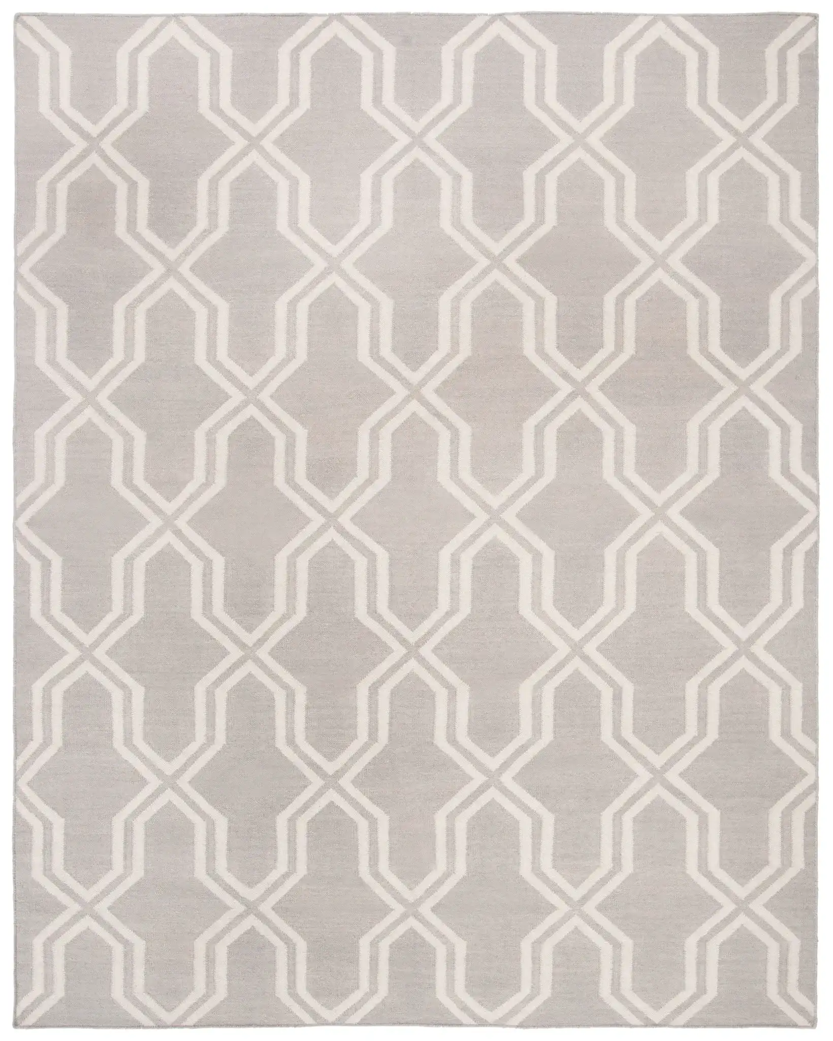 Dhurries Geometric Trellis Hand-Woven Wool Rug in Gray / Ivory