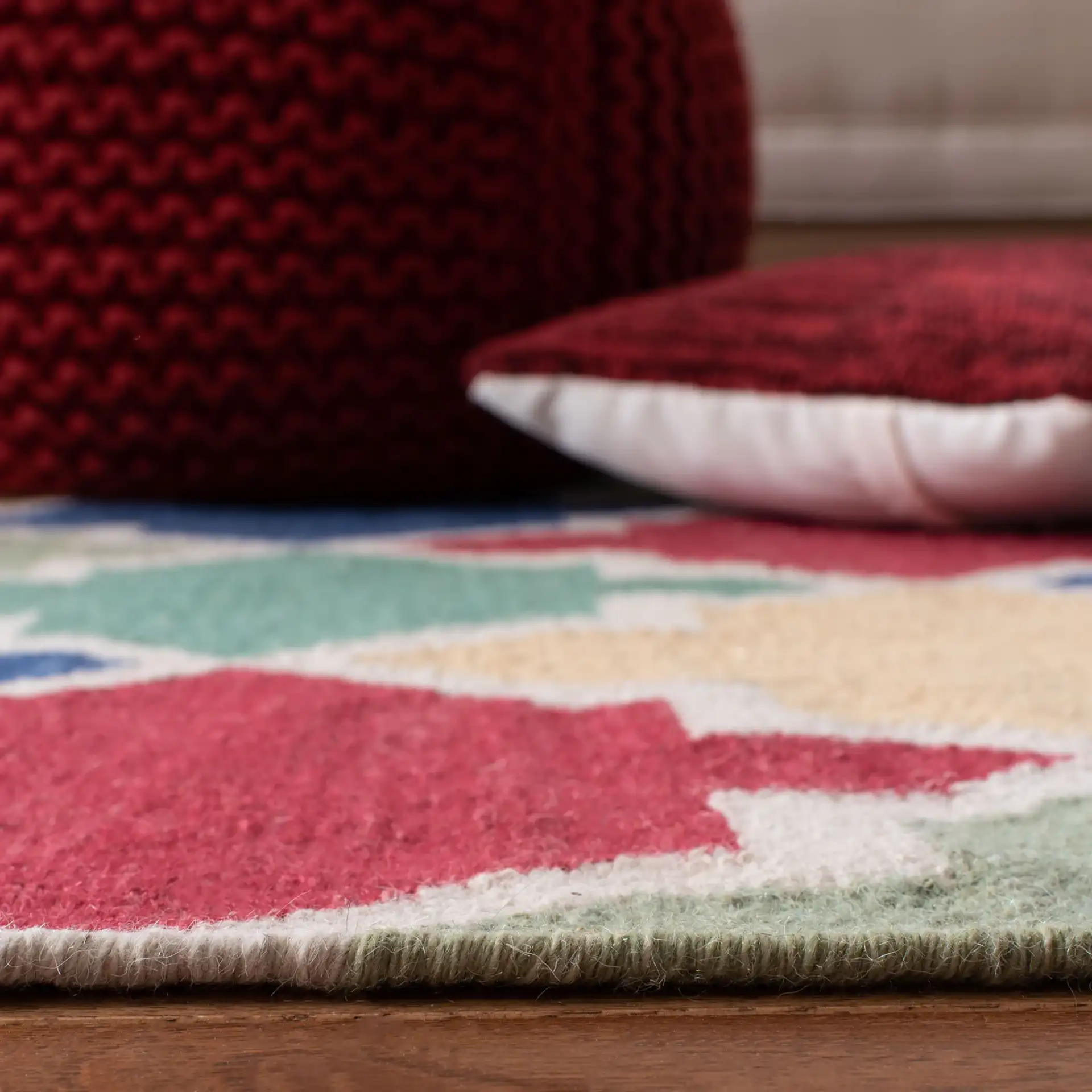 Dhurries Ogee Tile Hand-Woven Rug in Blue / Multicolor in a styled room