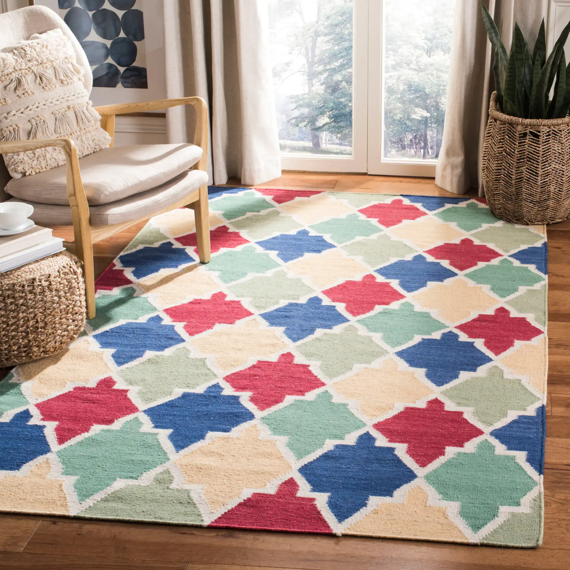 Dhurries Ogee Tile Hand-Woven Rug in Blue / Multicolor in a styled room