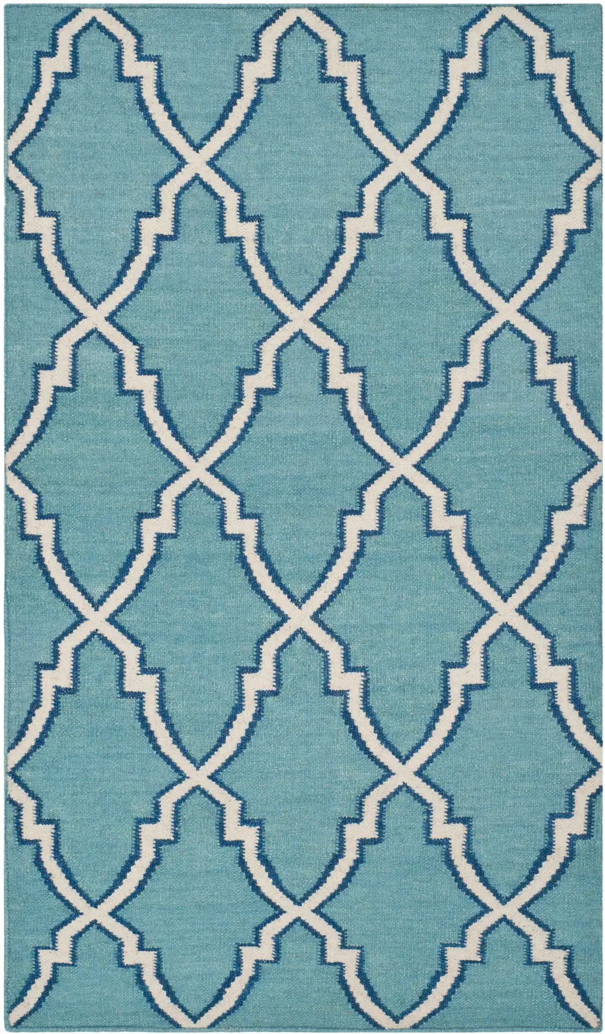 Dhurries Elongated Trellis Hand-Woven Rug in Light Blue / Ivory, detail view