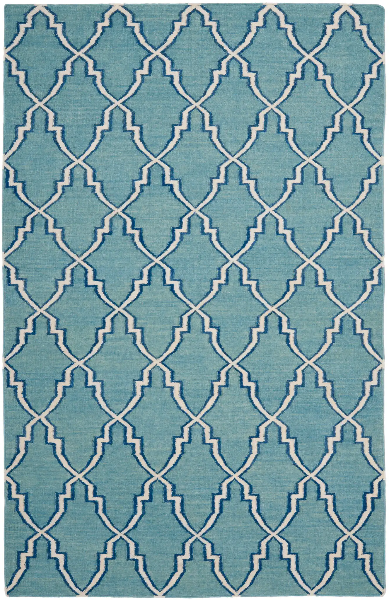 Dhurries Elongated Trellis Hand-Woven Rug in Light Blue / Ivory