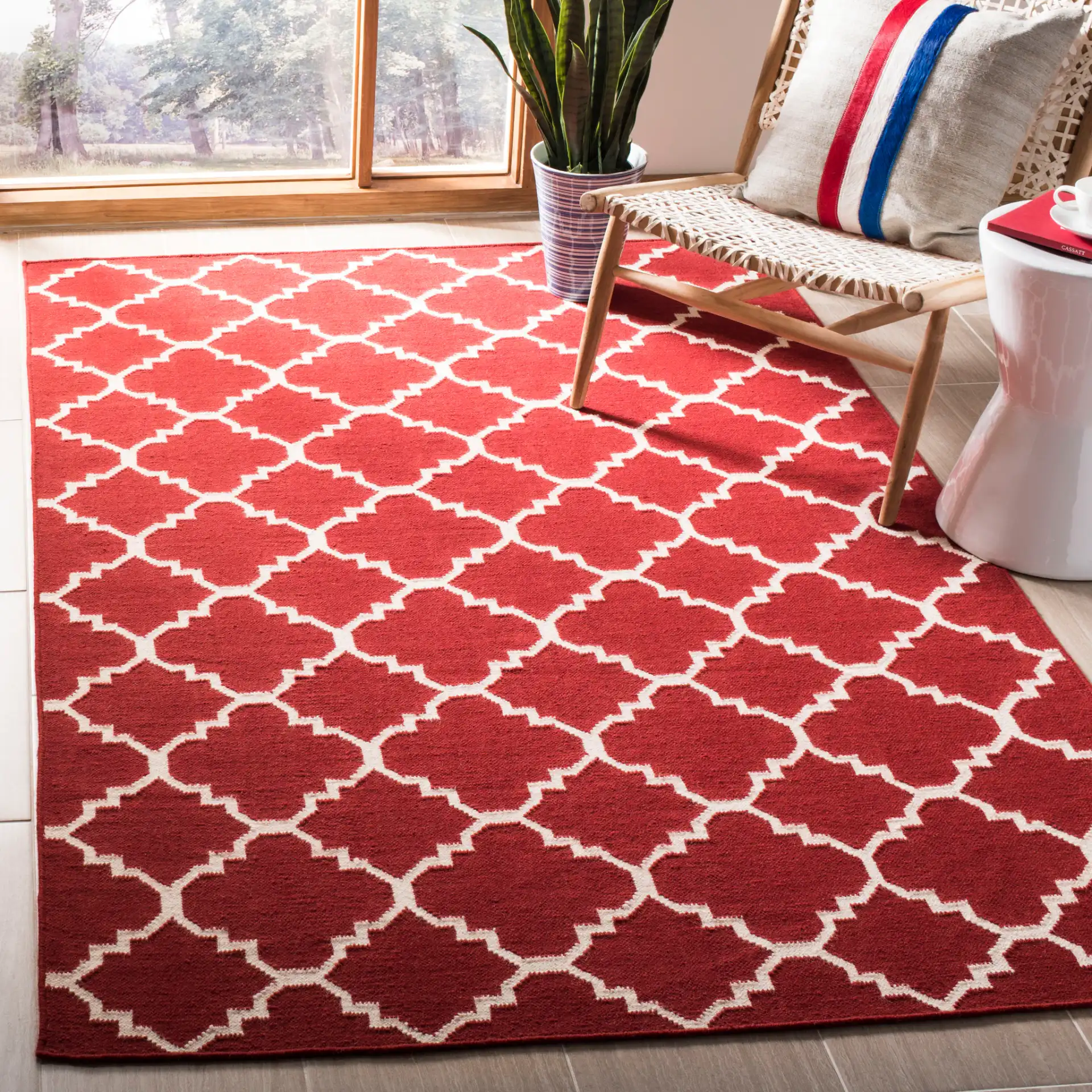 Dhurries Small-Scale Trellis Hand-Woven Rug in Red / Ivory in a styled room