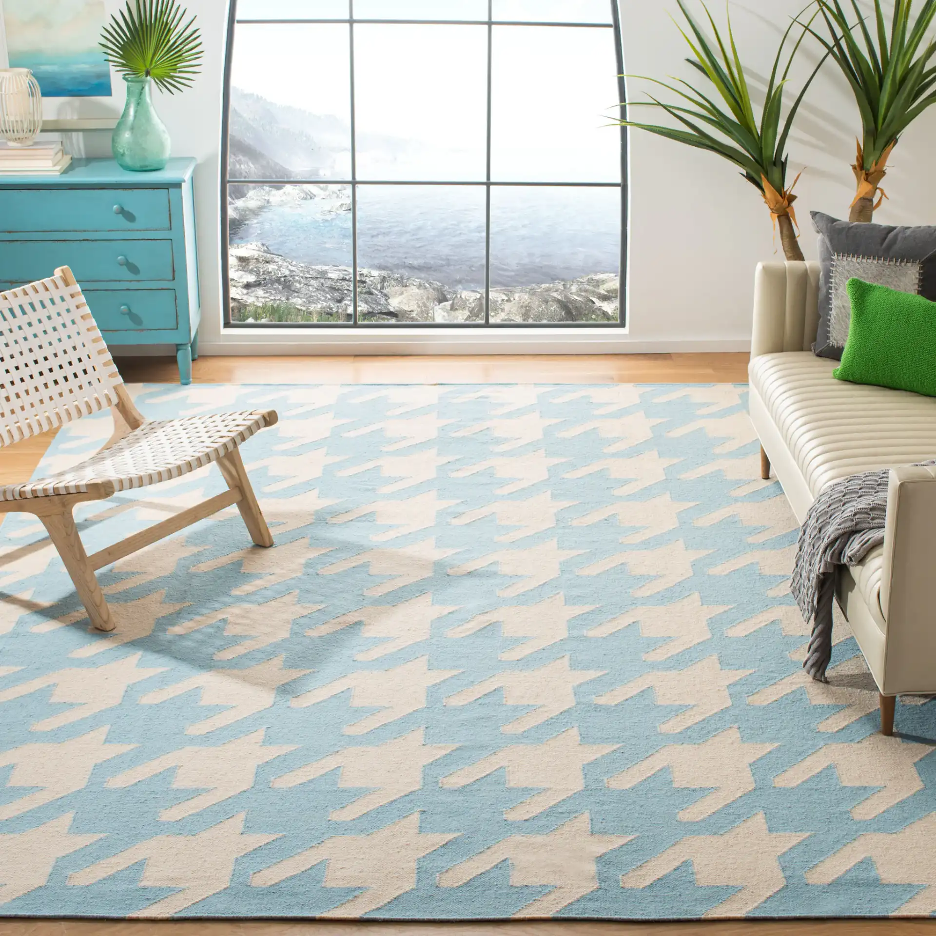 Dhurries Houndstooth Hand-Woven Wool Rug in Light Blue / Ivory in a styled room