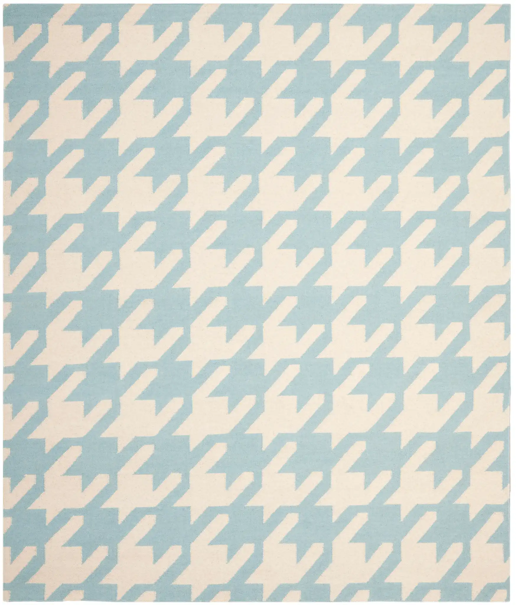 Dhurries Houndstooth Hand-Woven Wool Rug in Light Blue / Ivory