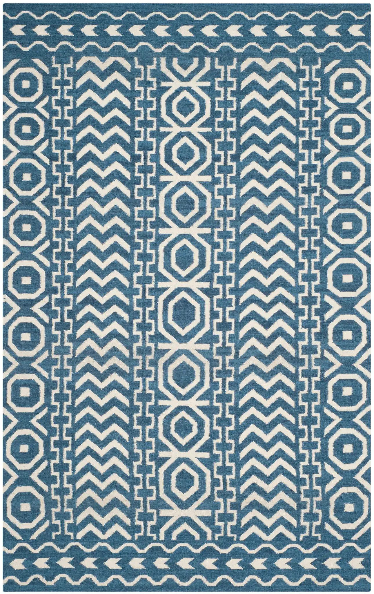 Dhurries Striped Chevron Hand-Woven Rug in Dark Blue / Ivory, detail view