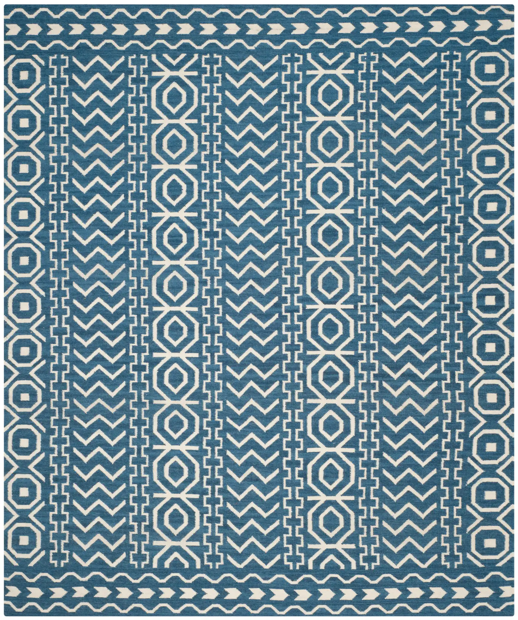 Dhurries Striped Chevron Hand-Woven Rug in Dark Blue / Ivory