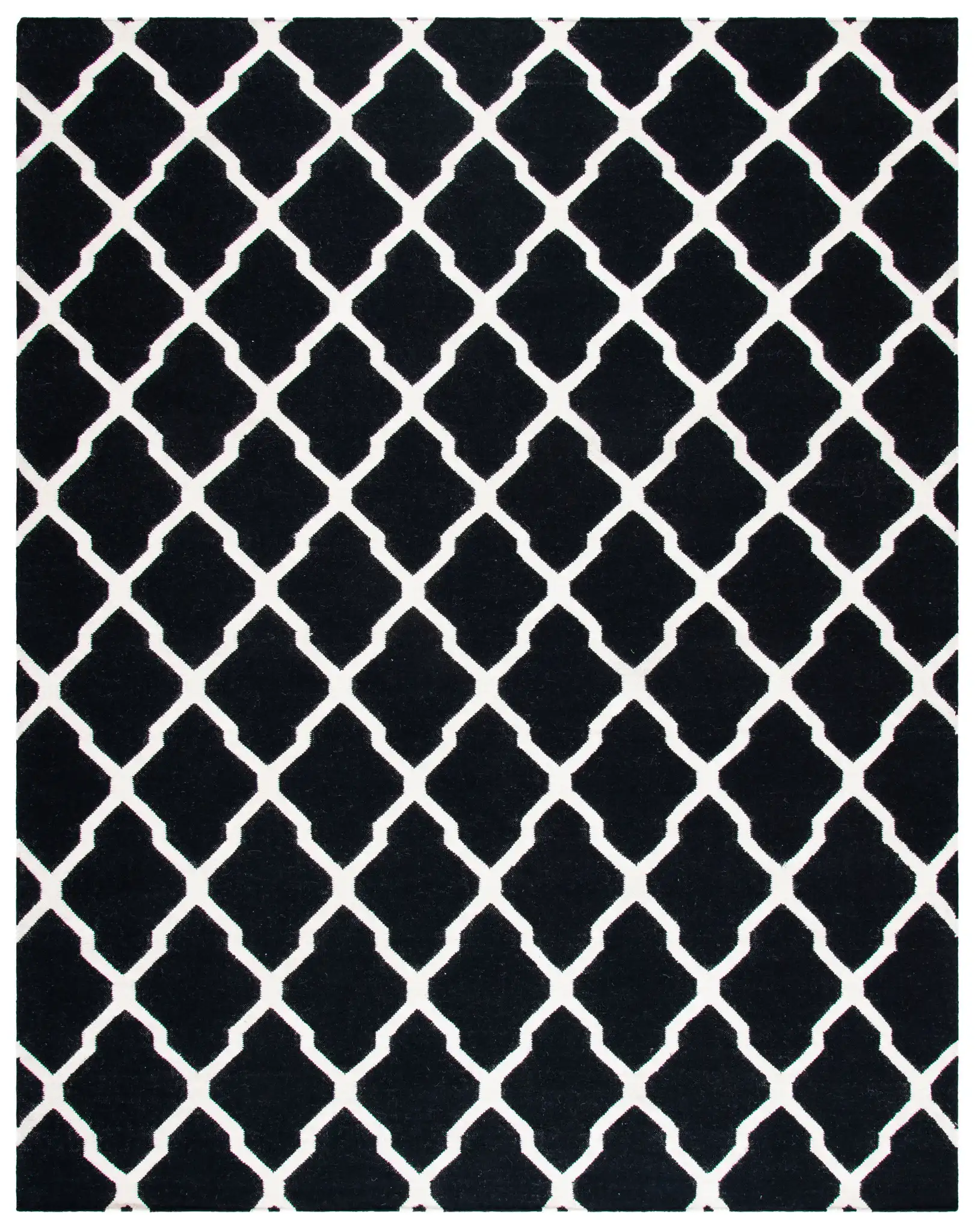 Dhurries Lattice Hand-Woven Wool Rug in Black / Ivory