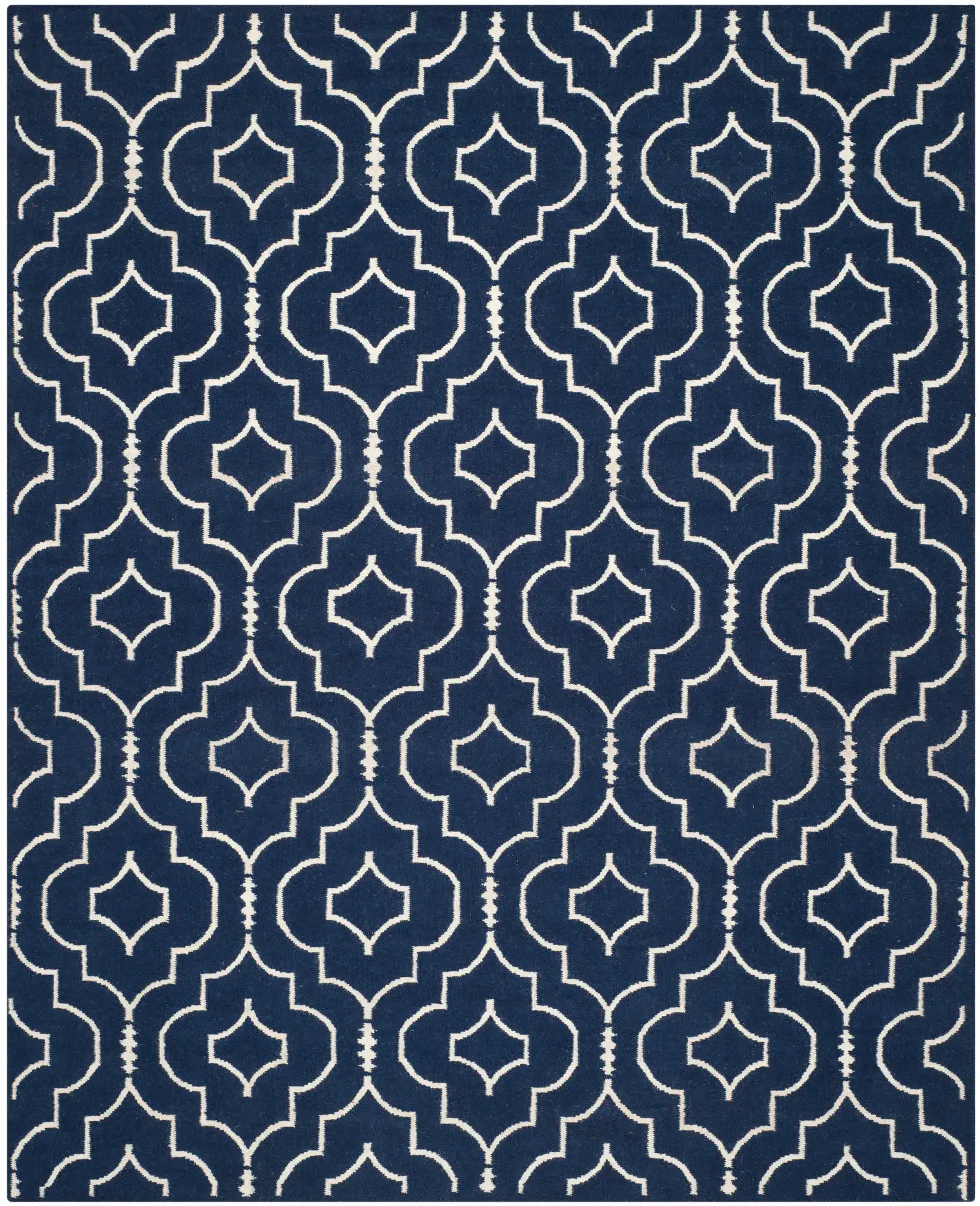 Dhurries Nested Trellis Hand-Woven Wool Rug in Navy / Ivory